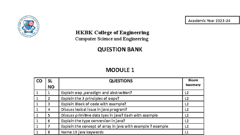 Question Bank IA-01 OOPs with Java - Module 1 & 2 - Studocu