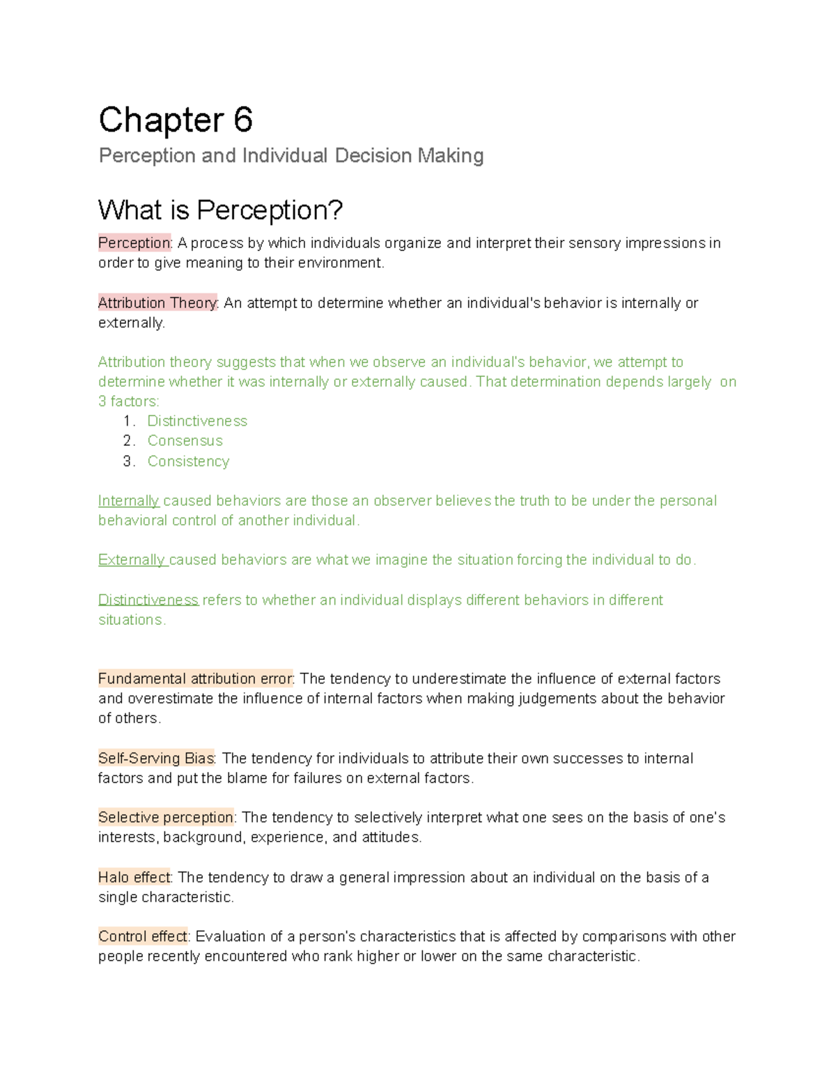 Chapter 6 - Perception, Decision Making & Study Quiz Notes - Studocu