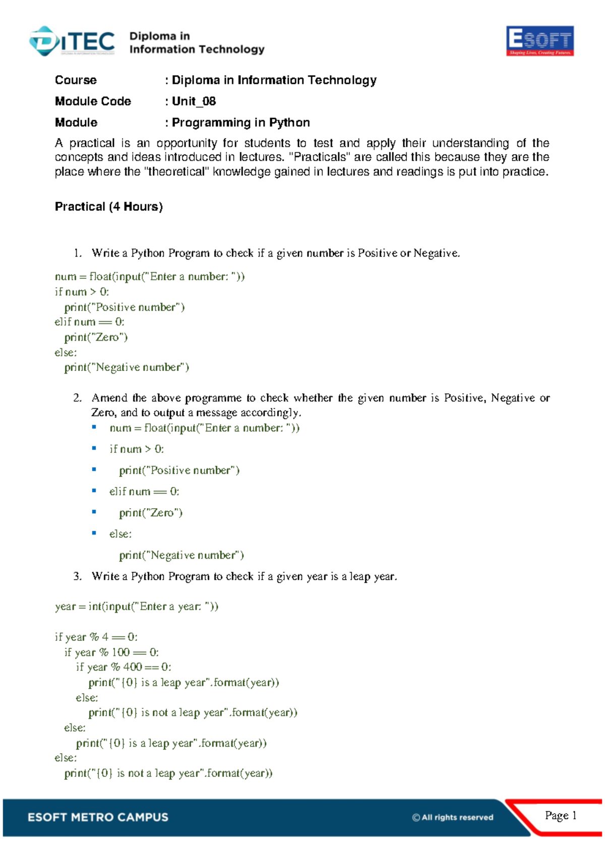 Practical 8: Python Programming Tasks for Diploma IT Unit - Studocu