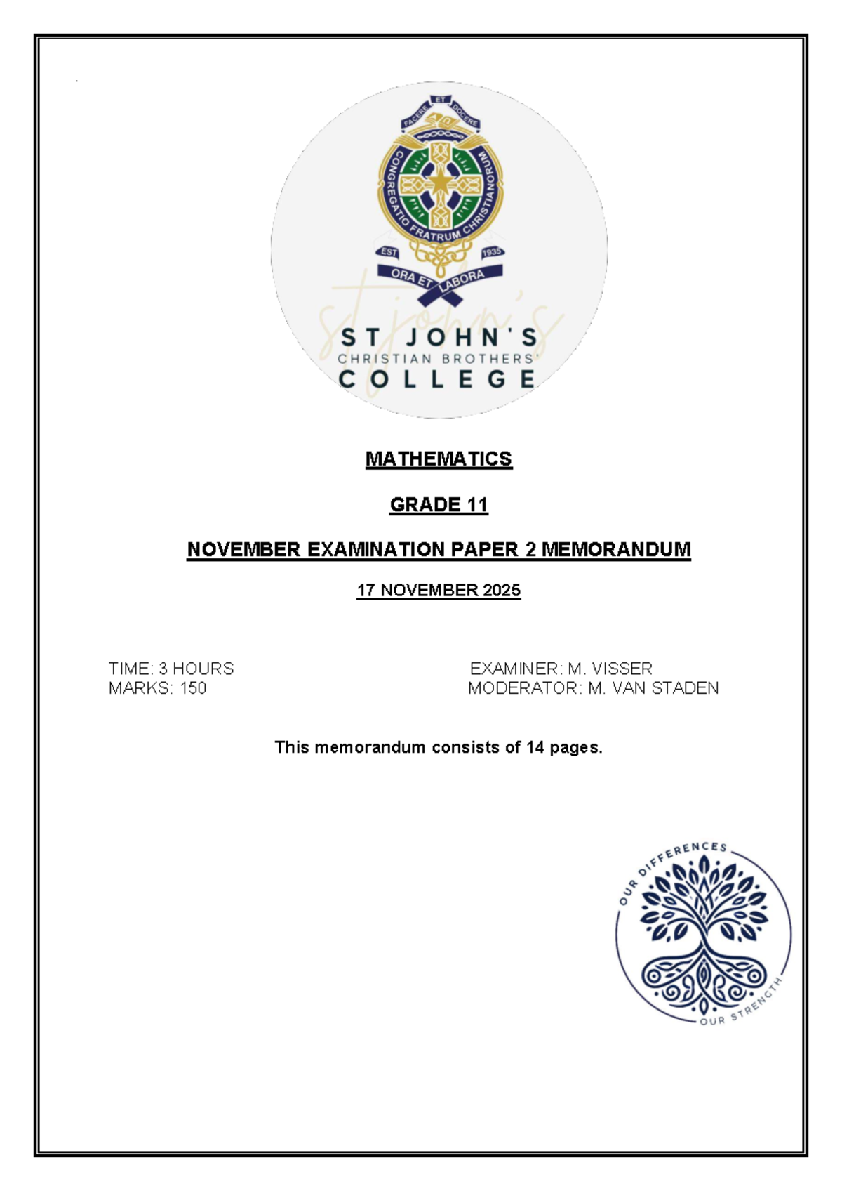 Grade 11 Mathematics November 2025 Exam Paper 2 Memorandum - Studocu