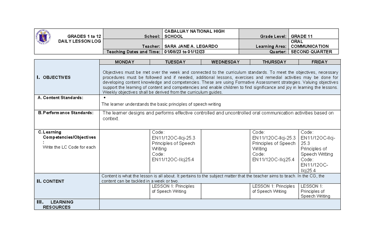DLL ORAL-COMM WEEK 15 - GRADE 11 Lesson Plan - Studocu