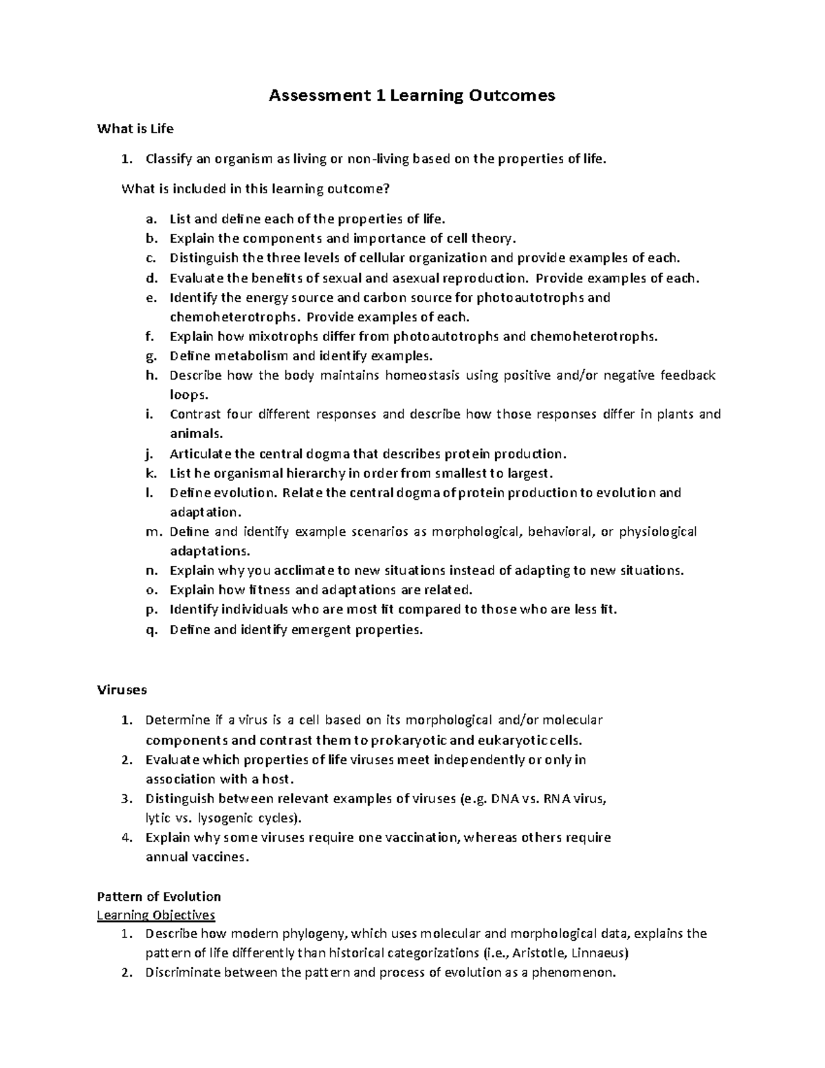 Biology 101: Assessment 1 - Learning Outcomes on Life, Viruses ...