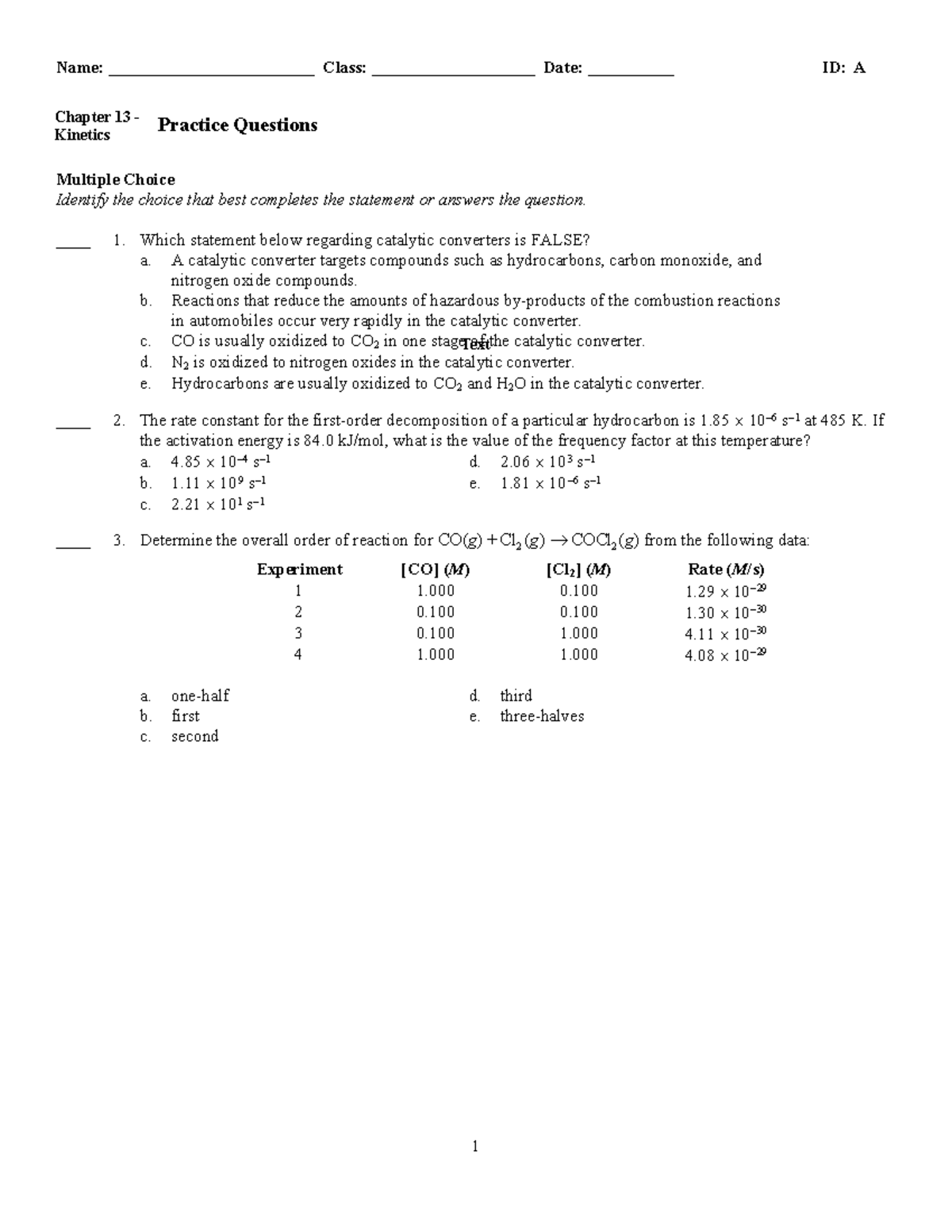 Chapter 13 - Kinetics Practice Questions (Chemistry 101) - Studocu