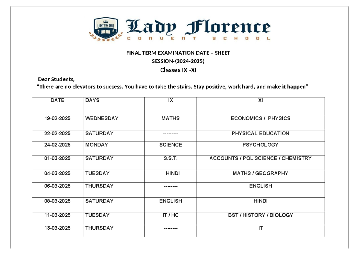 FINAL TERM EXAM DATE SHEET FOR CLASSES IX & XI - Studocu