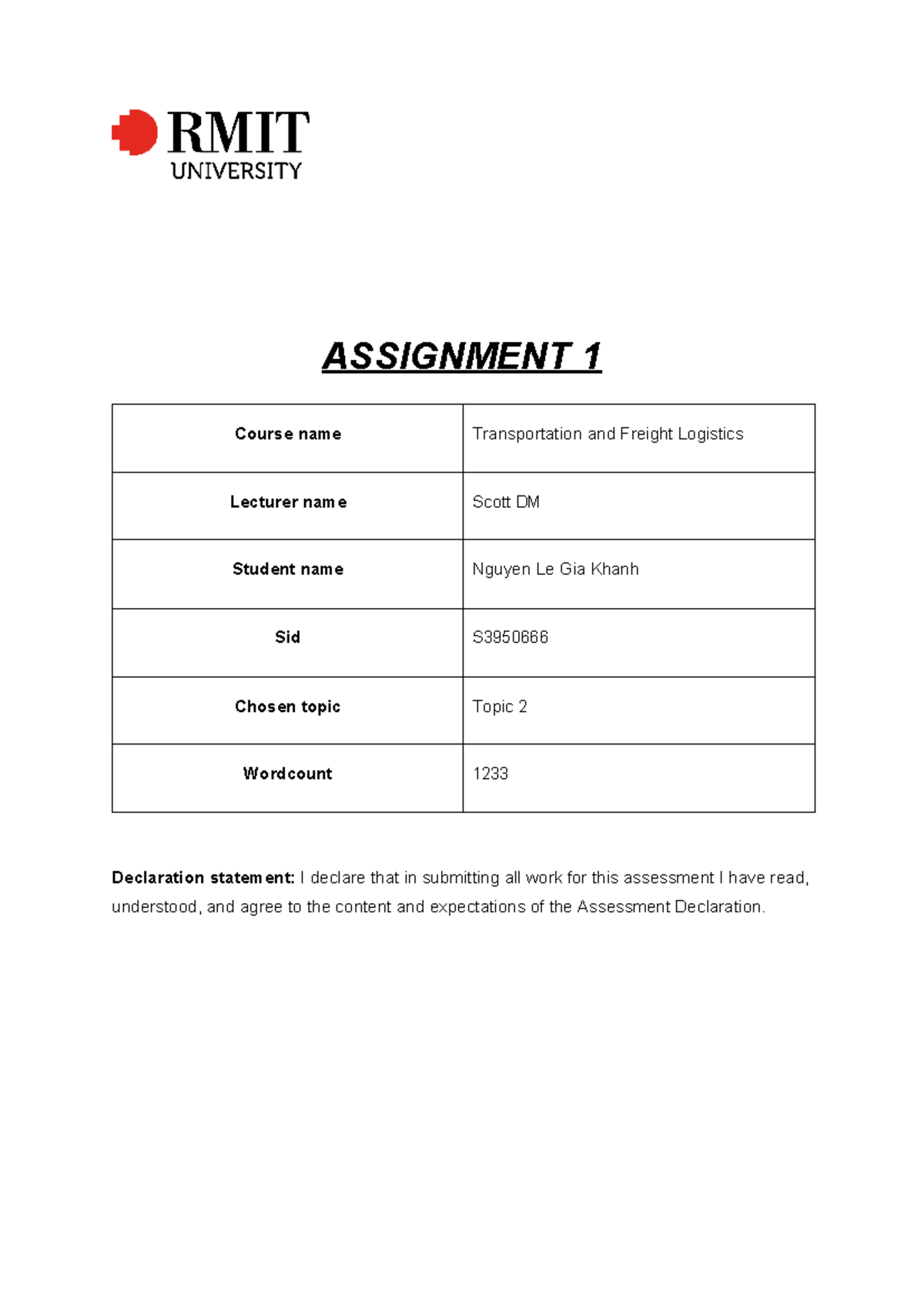 A1-Transportation - ASSIGNMENT 1 Course name Transportation and Freight ...