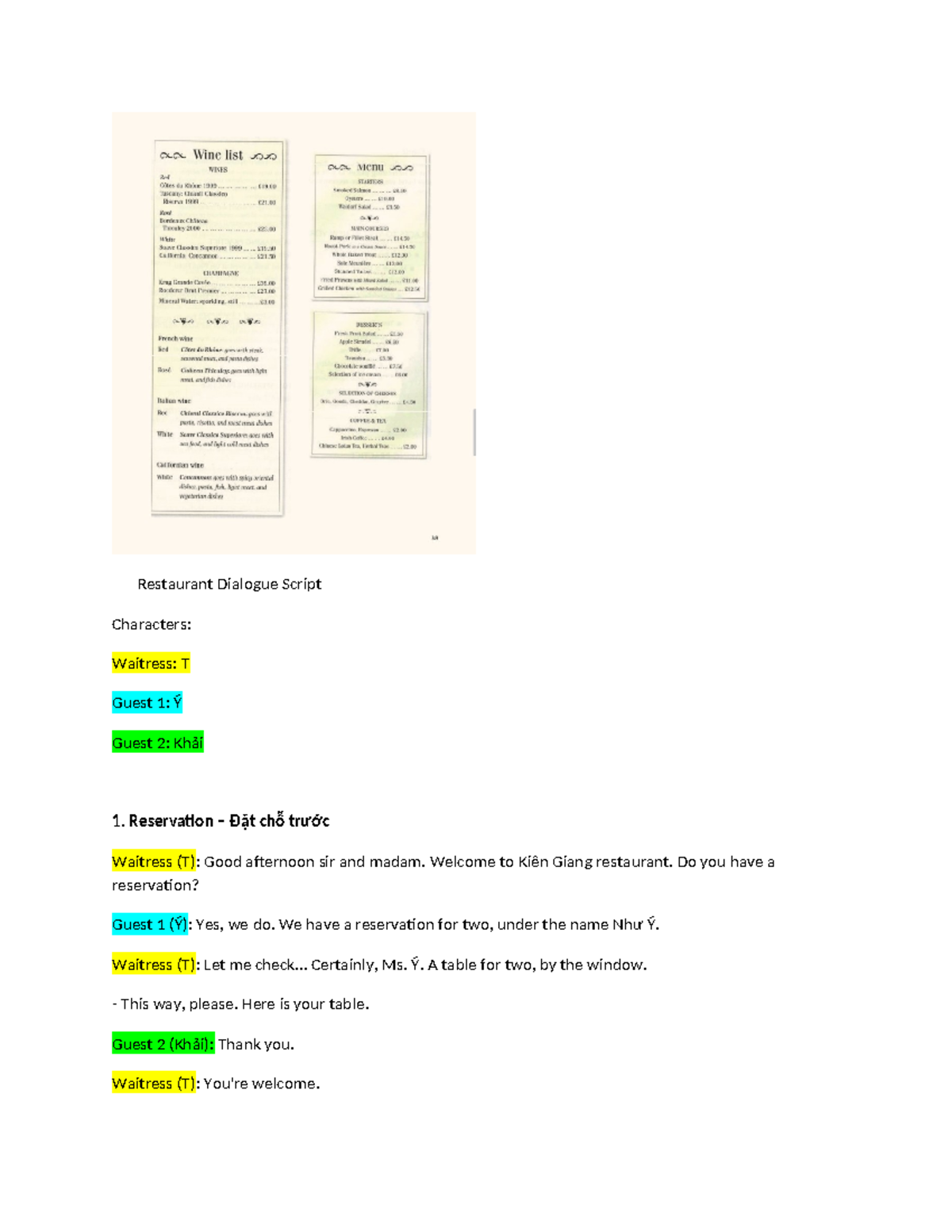 Restaurant Dialogue Script: Kiên Giang Experience (XQ 2) - Studocu