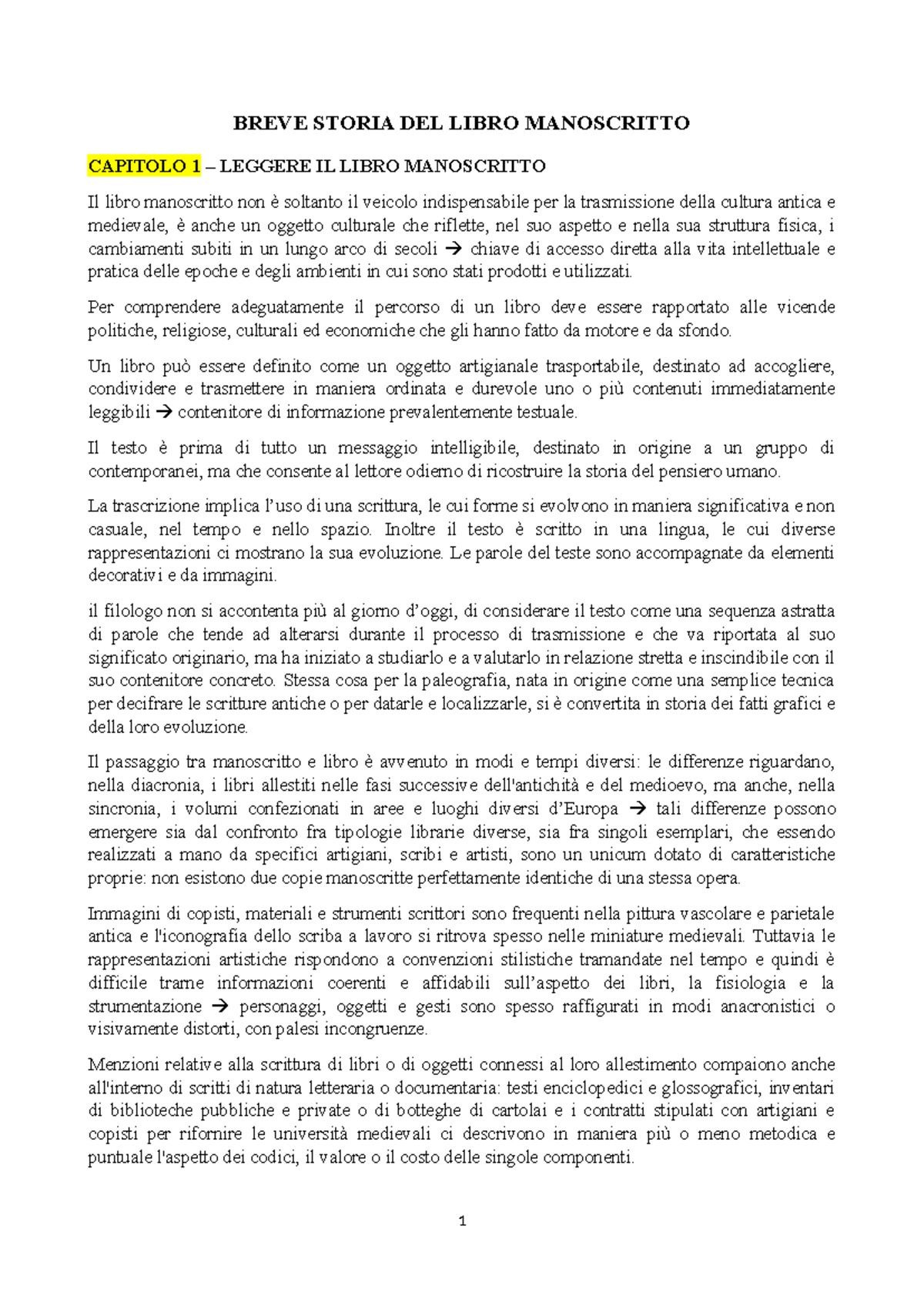 Breve Storia del Libro Manoscritto: Le Origini e l - Document Preview