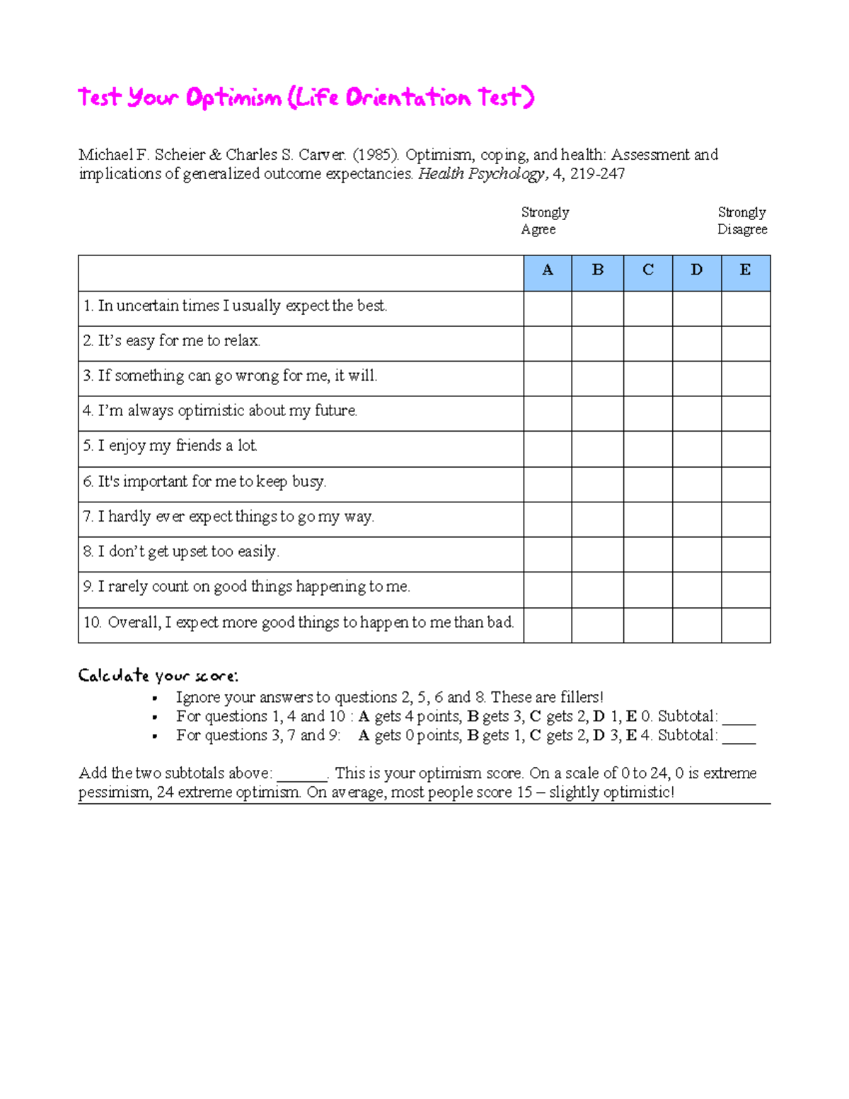 Wk1 Life Orientation Test - Test Your Optimism (Life Orientation Test ...