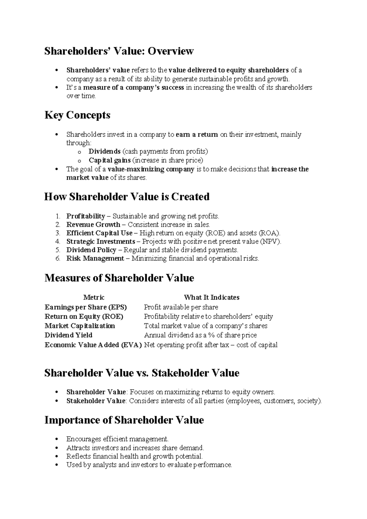 Shareholder Value: Key Concepts and Metrics Overview (FIN 101) - Studocu