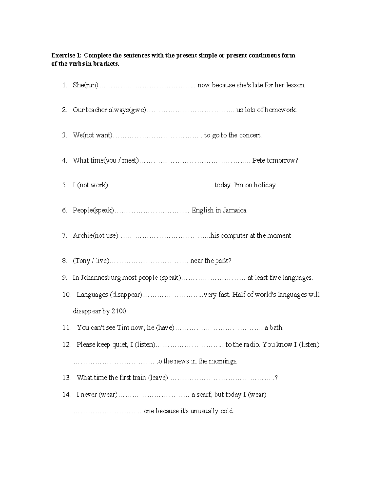 Present Simple and Present Continuous Exercises for ESL Learners - Studocu