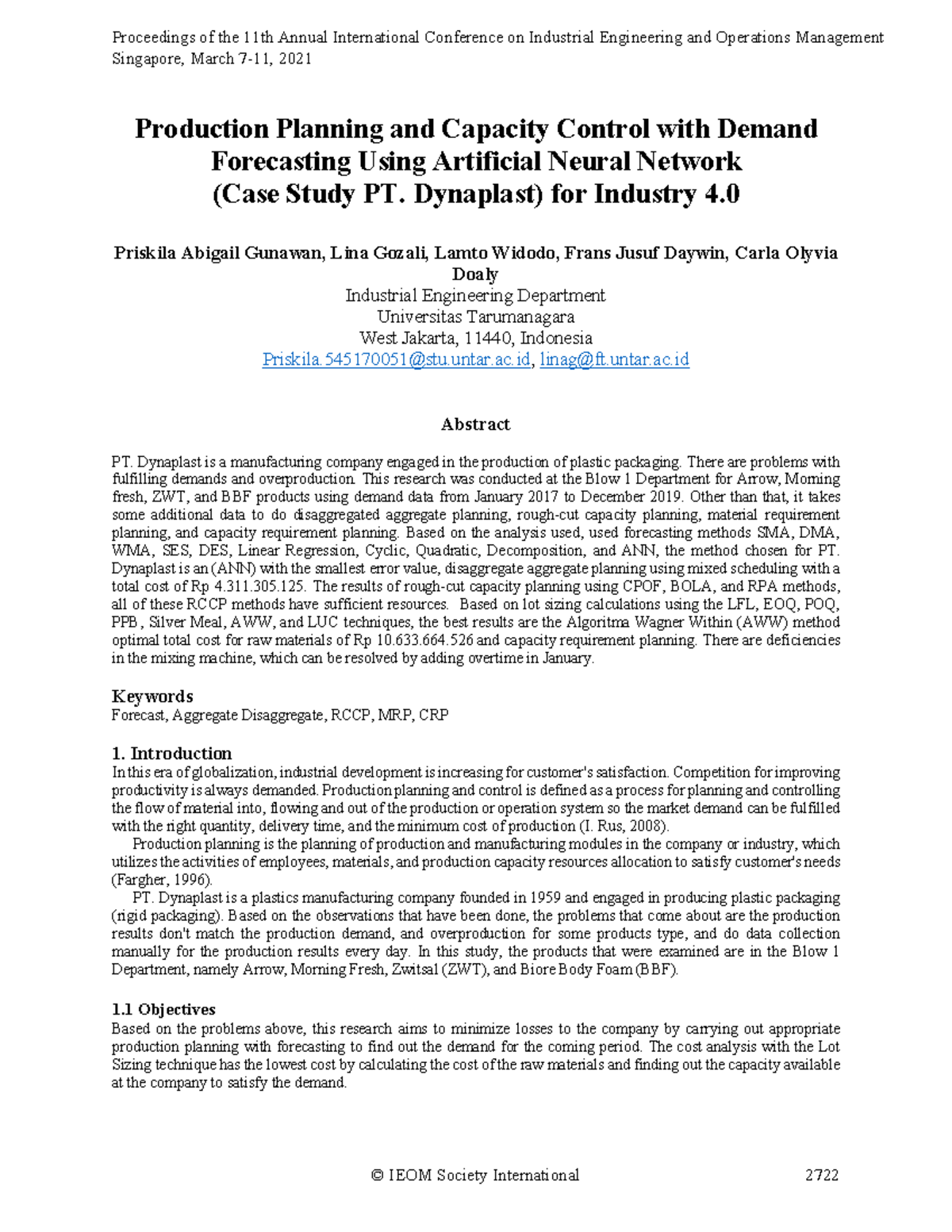 IEOM 2021: Production Planning & Capacity Control Using ANN at PT ...