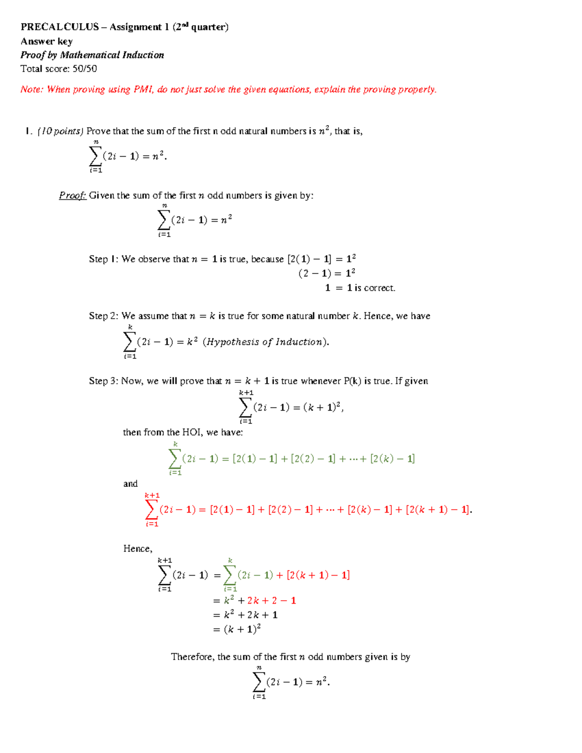 Precalculus Assignment 1 (2nd Quarter) Answer Key: Proofs by PMI - Studocu
