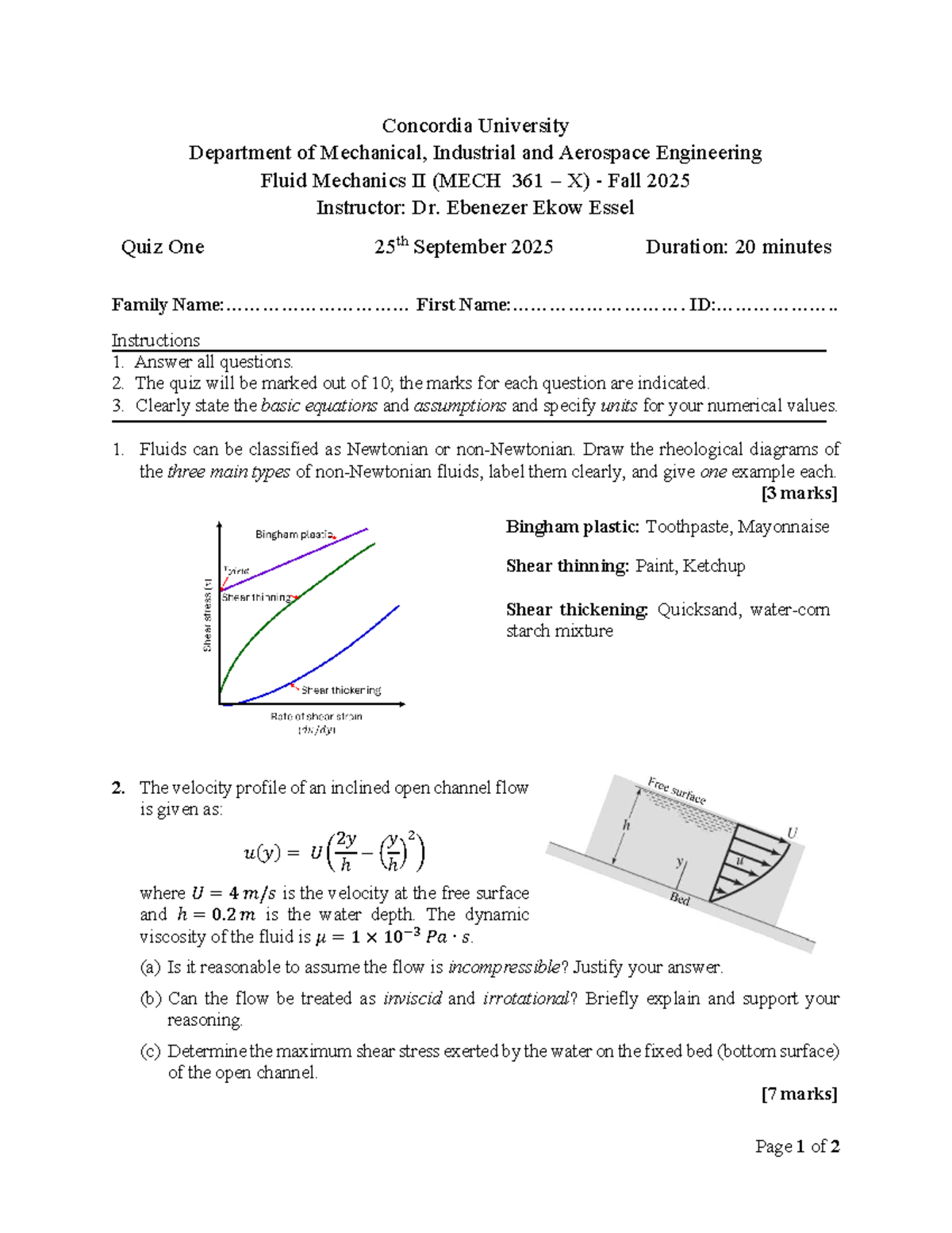 MECH 361 X Fluid Mechanics II Quiz 1 - Fall 2025 - Studocu