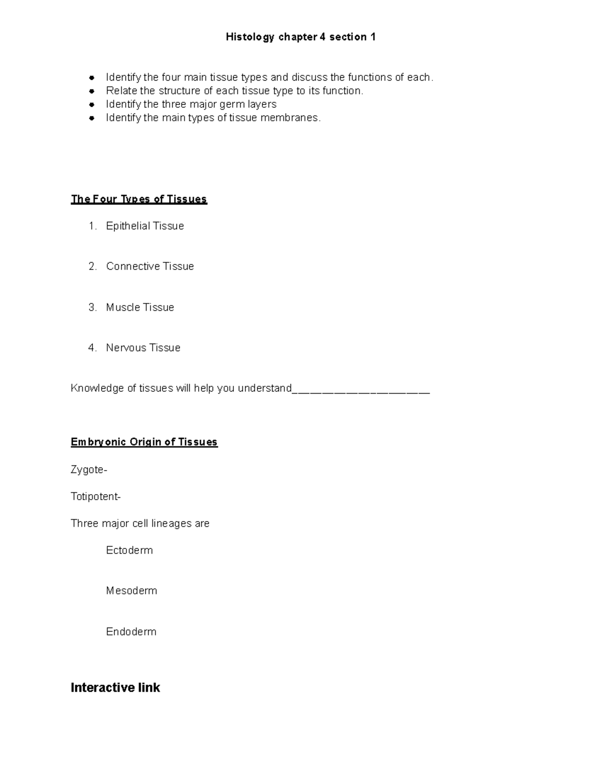 Histology CH4 Sec1: Main Tissue Types & Their Functions - Studocu