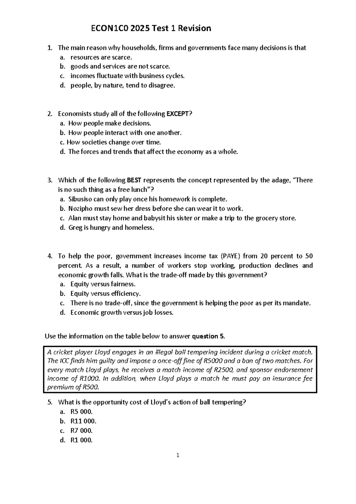 ECON1C0 2025 Test 1 Revision: Key Concepts and Practice Questions - Studocu