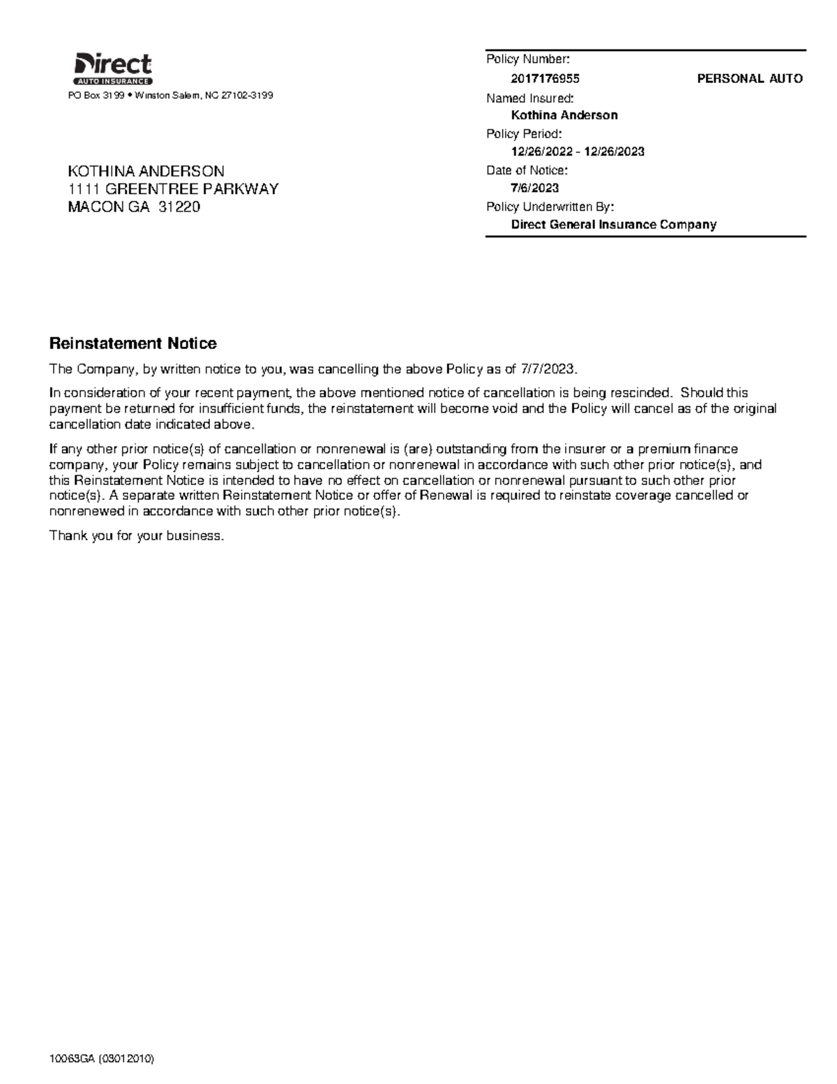RST 2017 176955-00 Reinstatement Notice for Auto Insurance Policy - Studocu