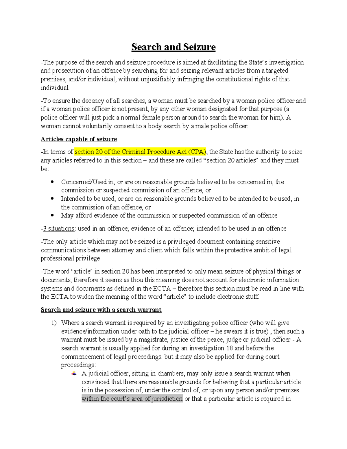 Criminal P - Search and Seizure Procedures and Legal Implications - Studocu