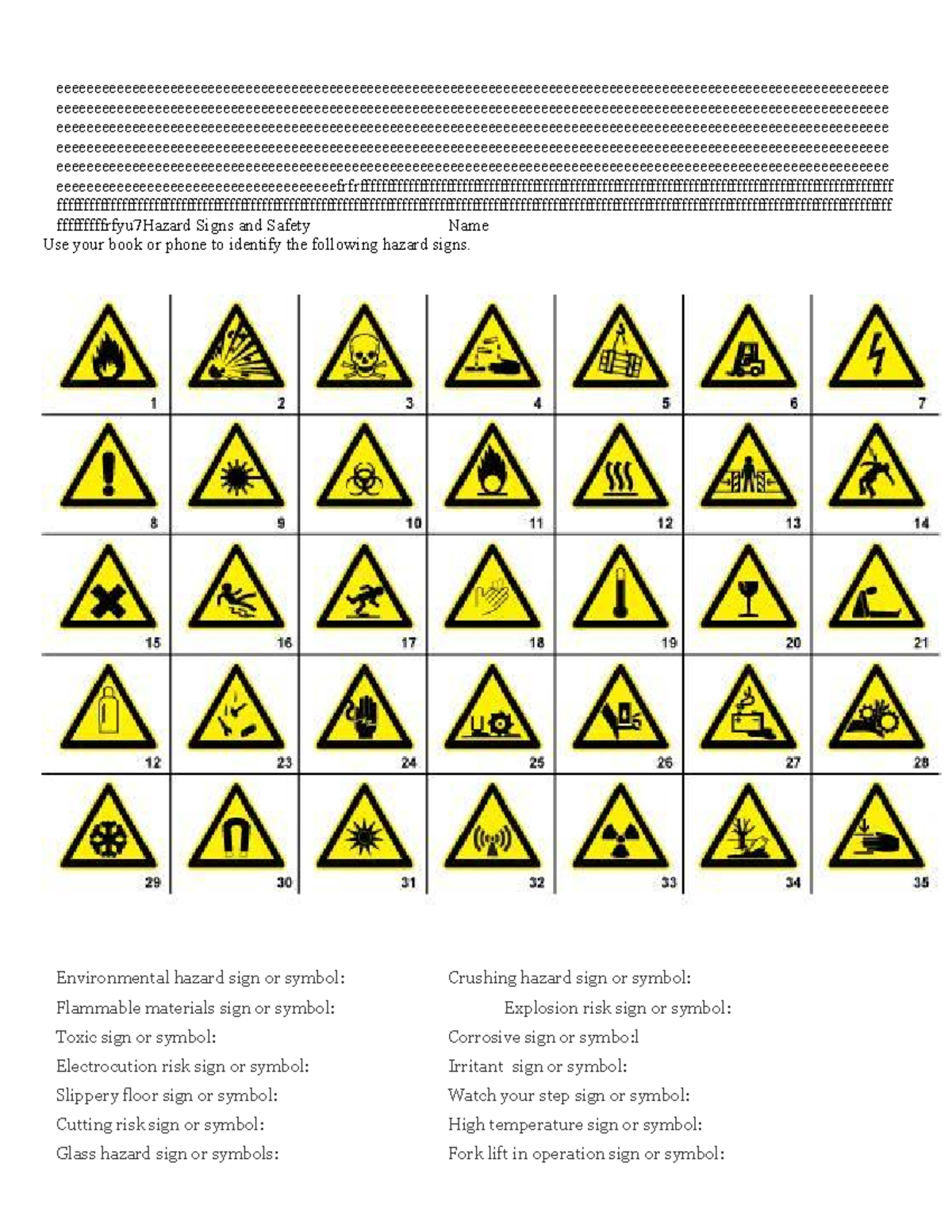 Hazard Warning Symbols Worksheet