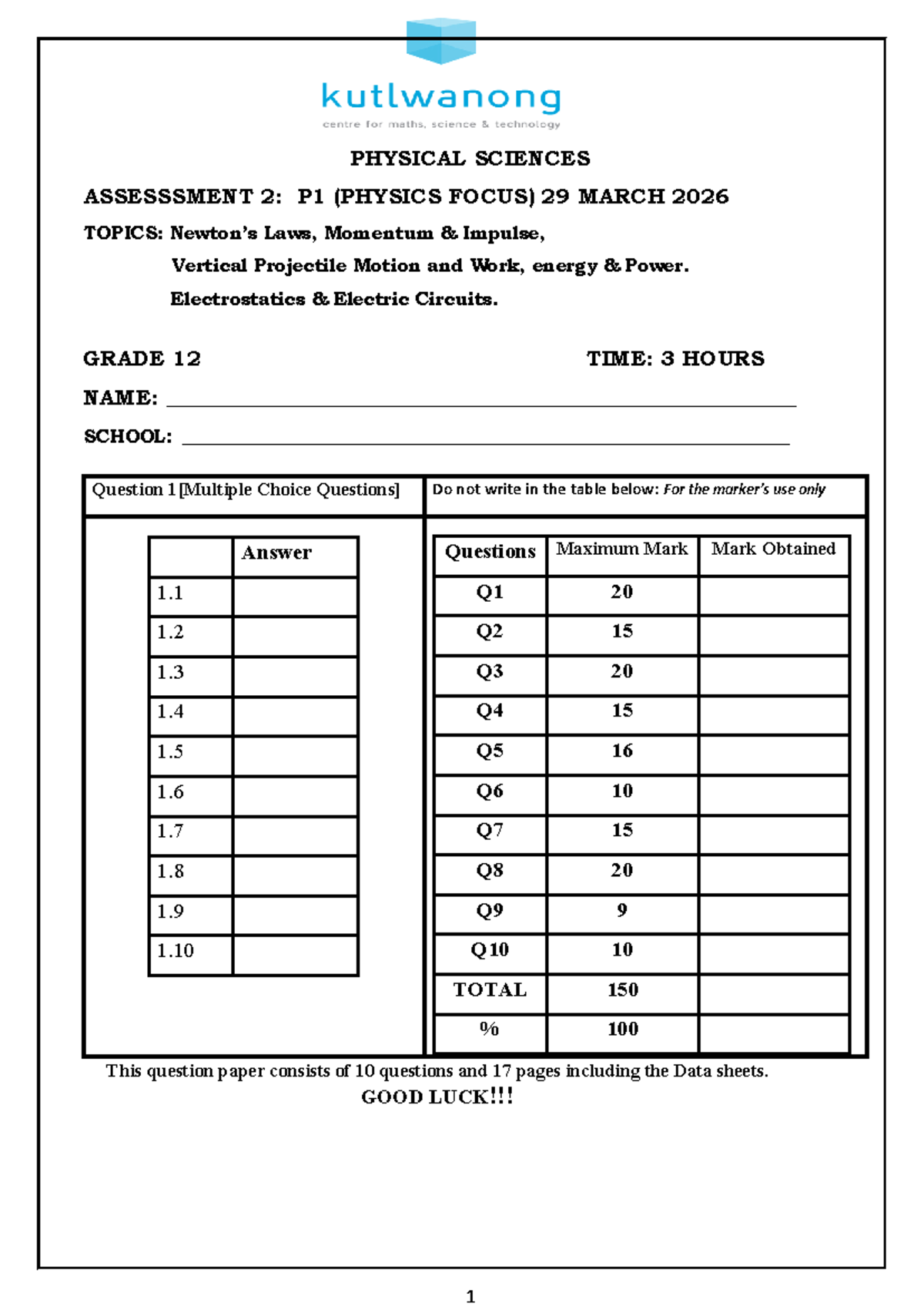 PHYSICAL SCIENCES 2: P1 (PHYSICS FOCUS) FINAL EXAM GUIDE 2026 - Studocu