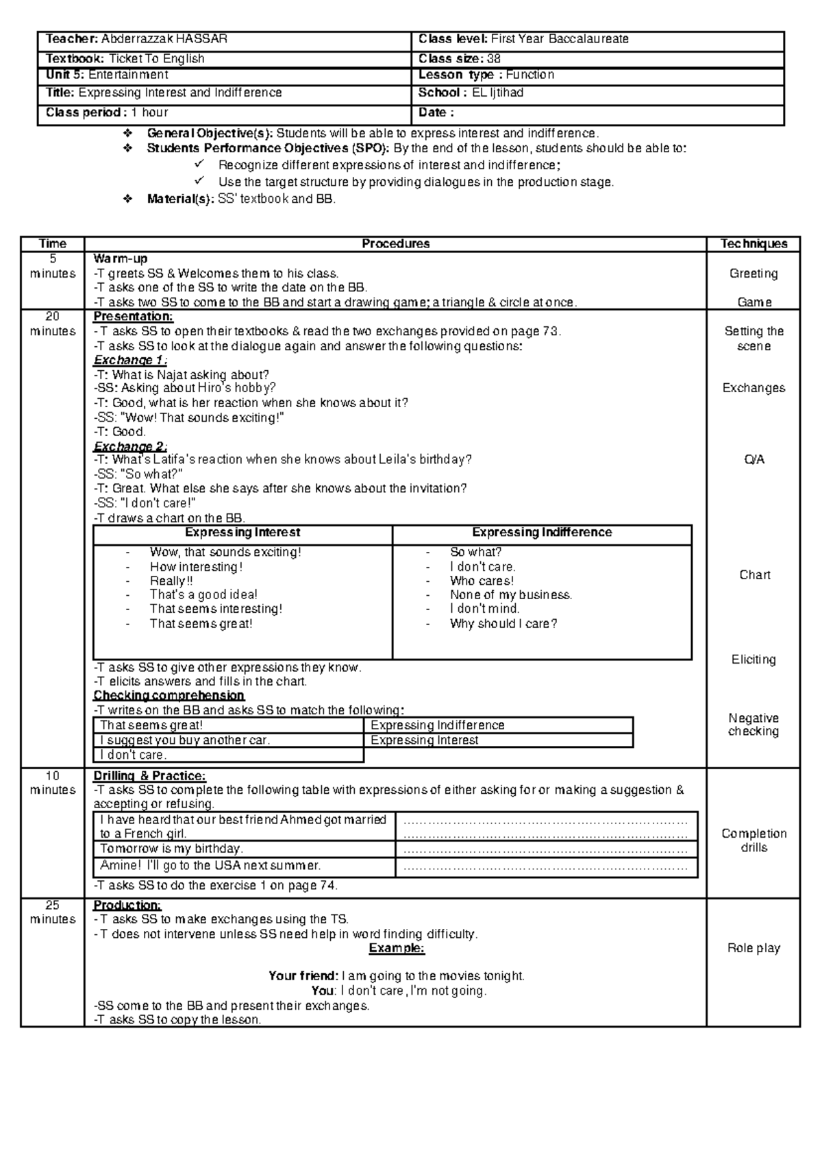 Lesson Plan - Expressing Interest & Indifference (1st Year BACC) - Studocu
