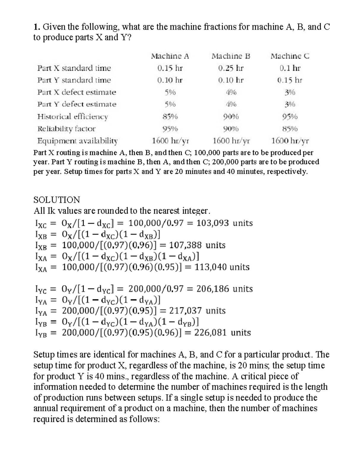Machine Fraction Calculations for Manufacturing Parts X, Y, A, B, C ...