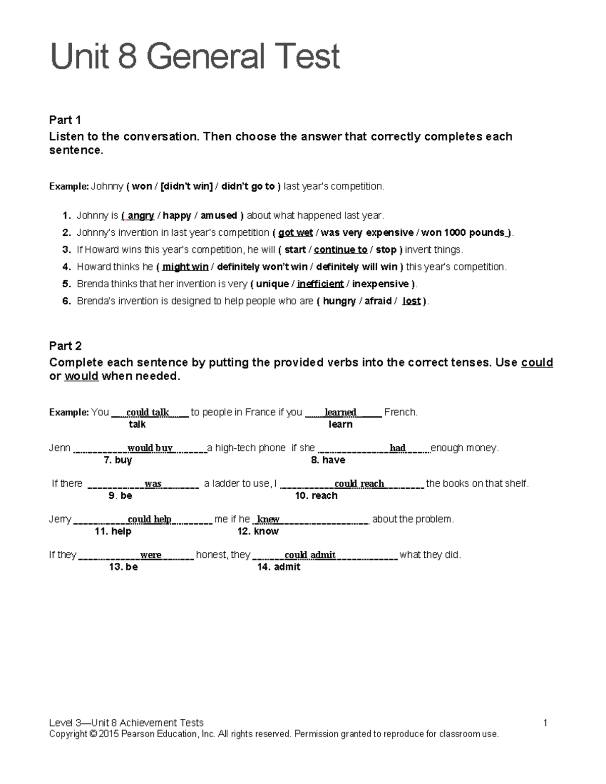 TN3 Unit 8 General Test: Listening, Grammar, and Reading Skills - Studocu
