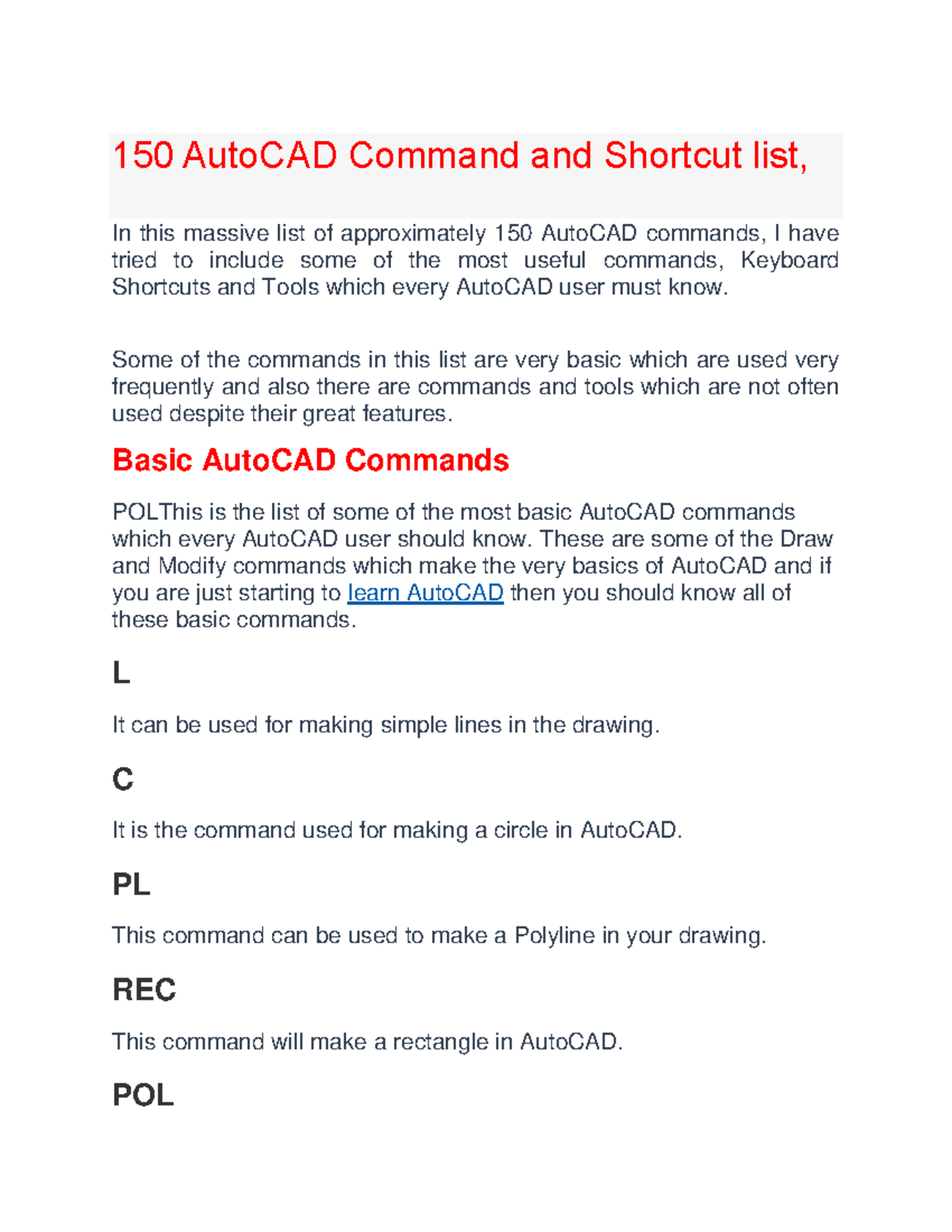 Auto CAD Command and Shortcut list - 150 AutoCAD Command and Shortcut ...