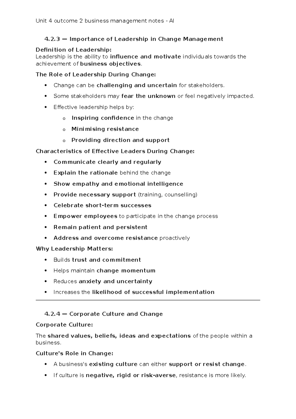 Unit 4 Outcome 2 Business Management Notes: Leadership & Change - Studocu