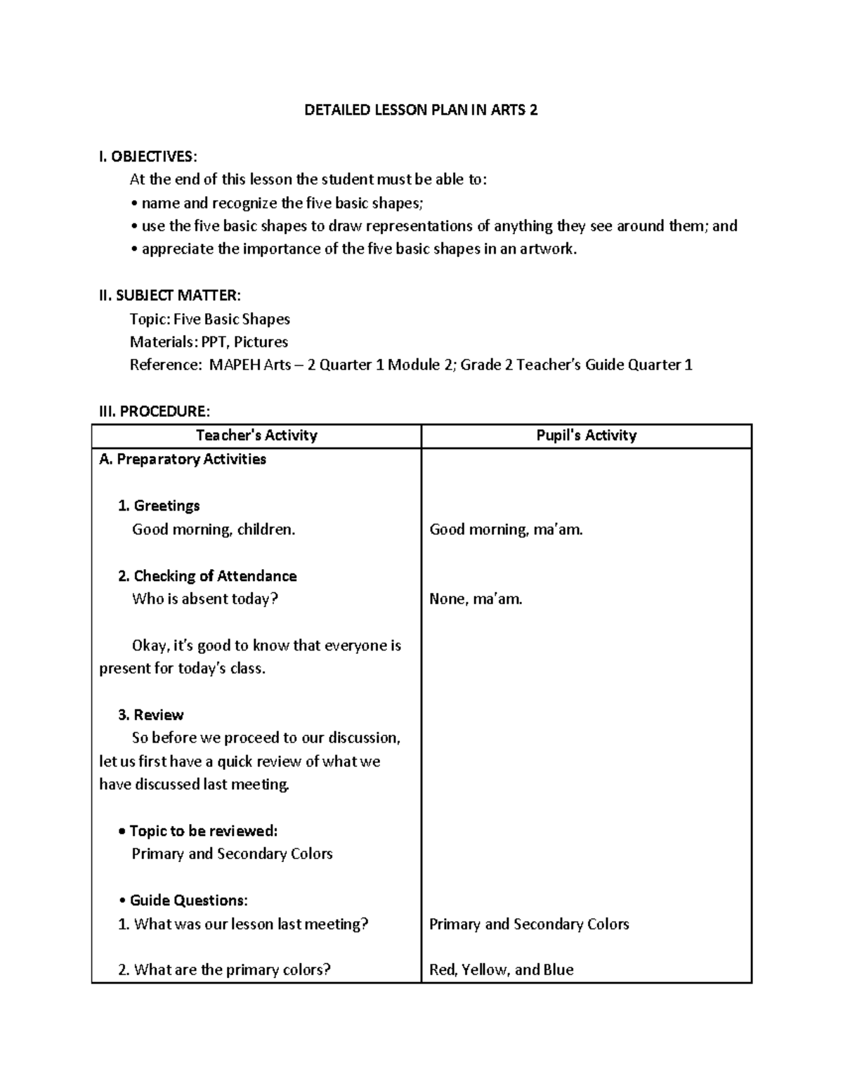 Detailed Lesson Plan in ARTS 2: Exploring Basic Shapes - Studocu
