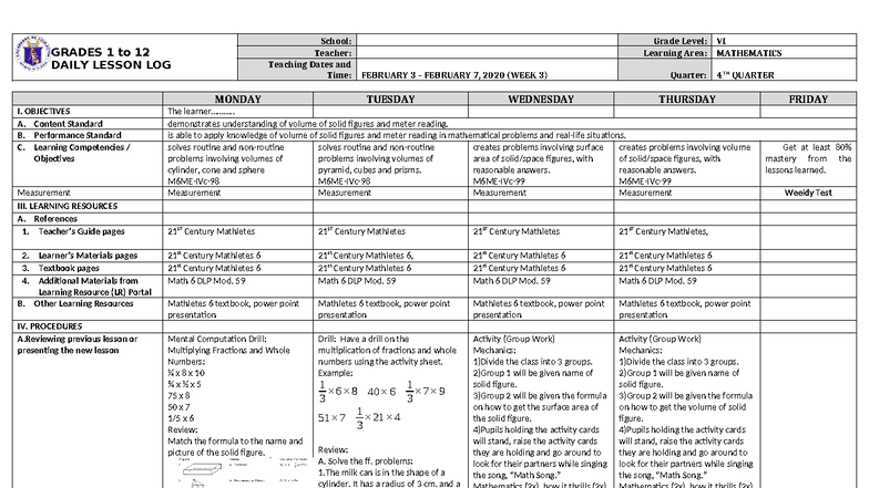 Daily Lesson Log (DLL) for Mathematics 6 Q4 W3: Volume and Surface Area ...