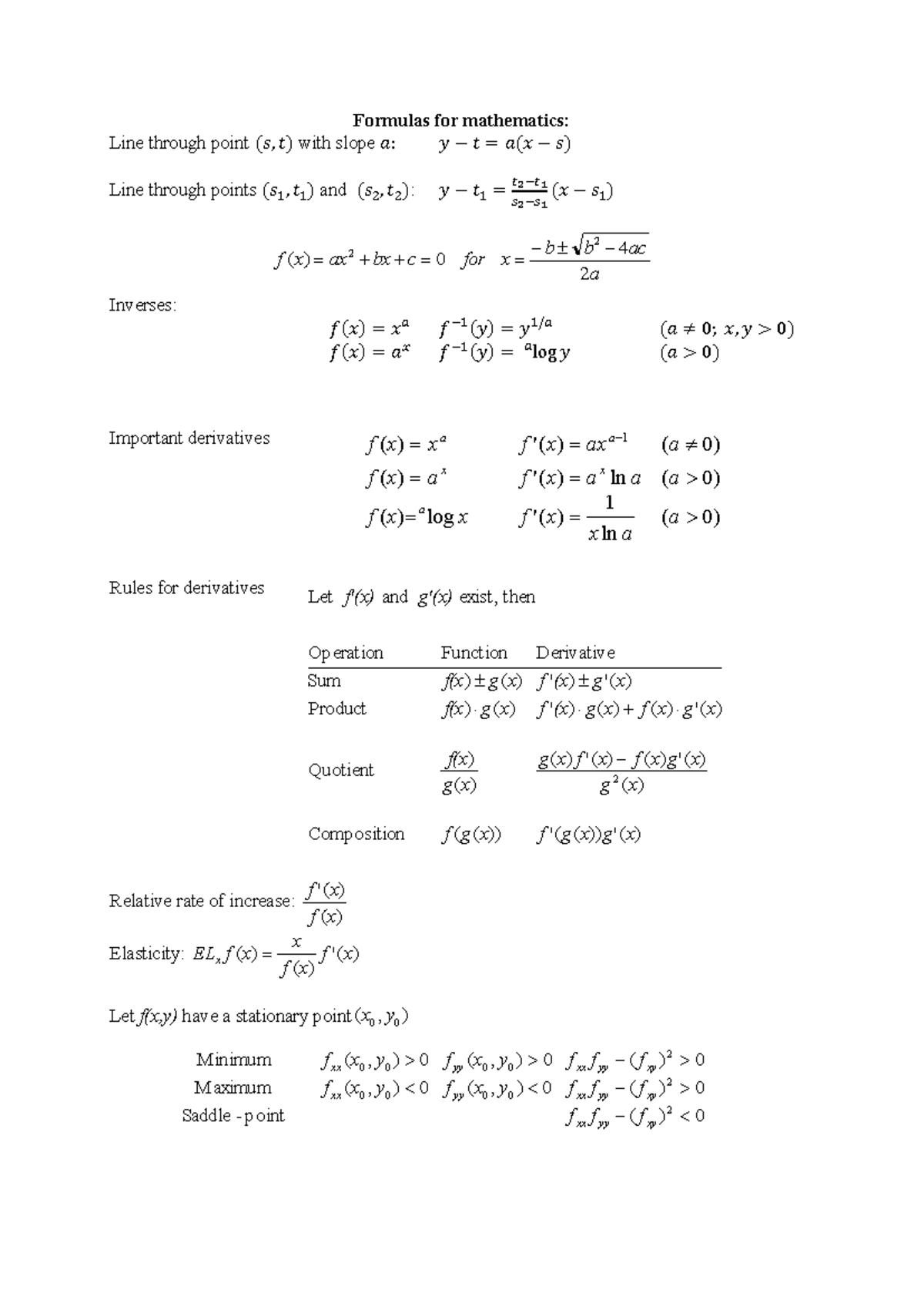 Math Formulas for Exam Preparation: Key Concepts and Derivatives ...