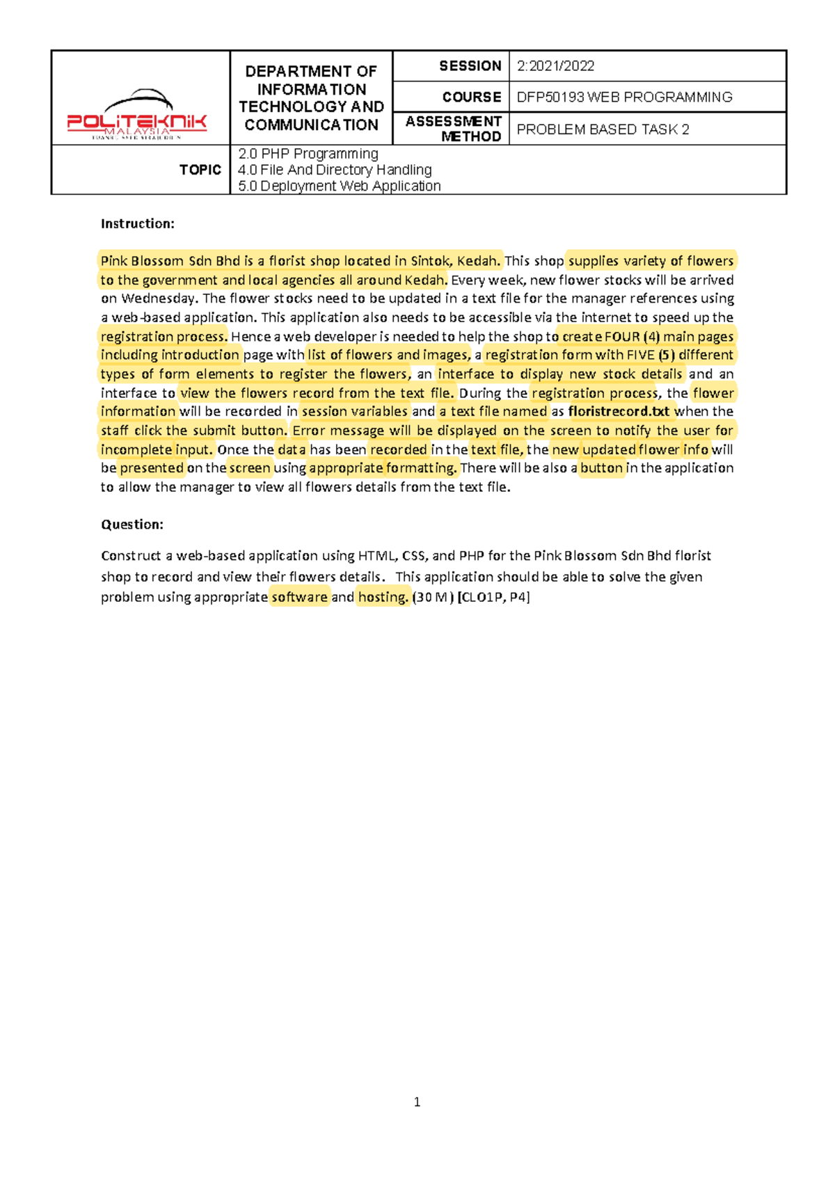 DFP50193 Problem Based Task 2: Web App for Florist Shop Records - Studocu