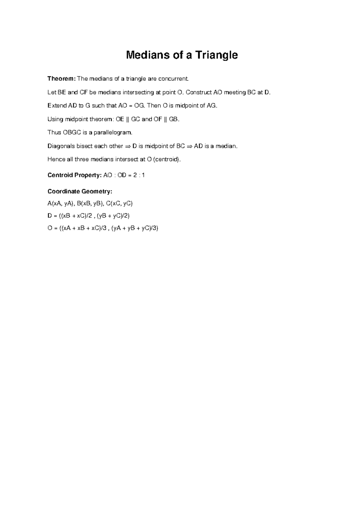 MATH 101: Medians of a Triangle and Centroid Properties Notes - Studocu