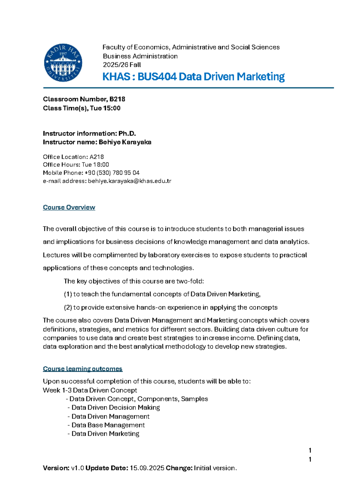 BUS404 Syllabus: Data Driven Marketing - Fall Semester 2025 - Studocu