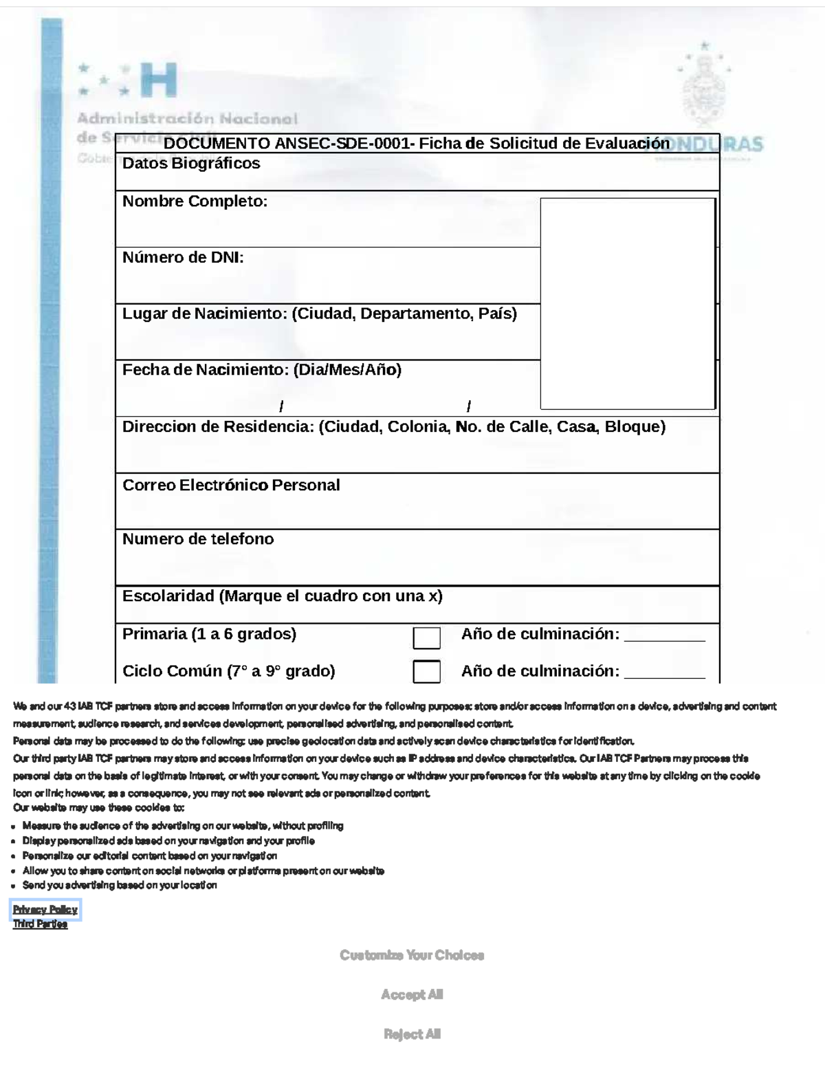 Solicitud de Evaluación ANSEC-SDE-0001: Datos Biográficos - Document Preview