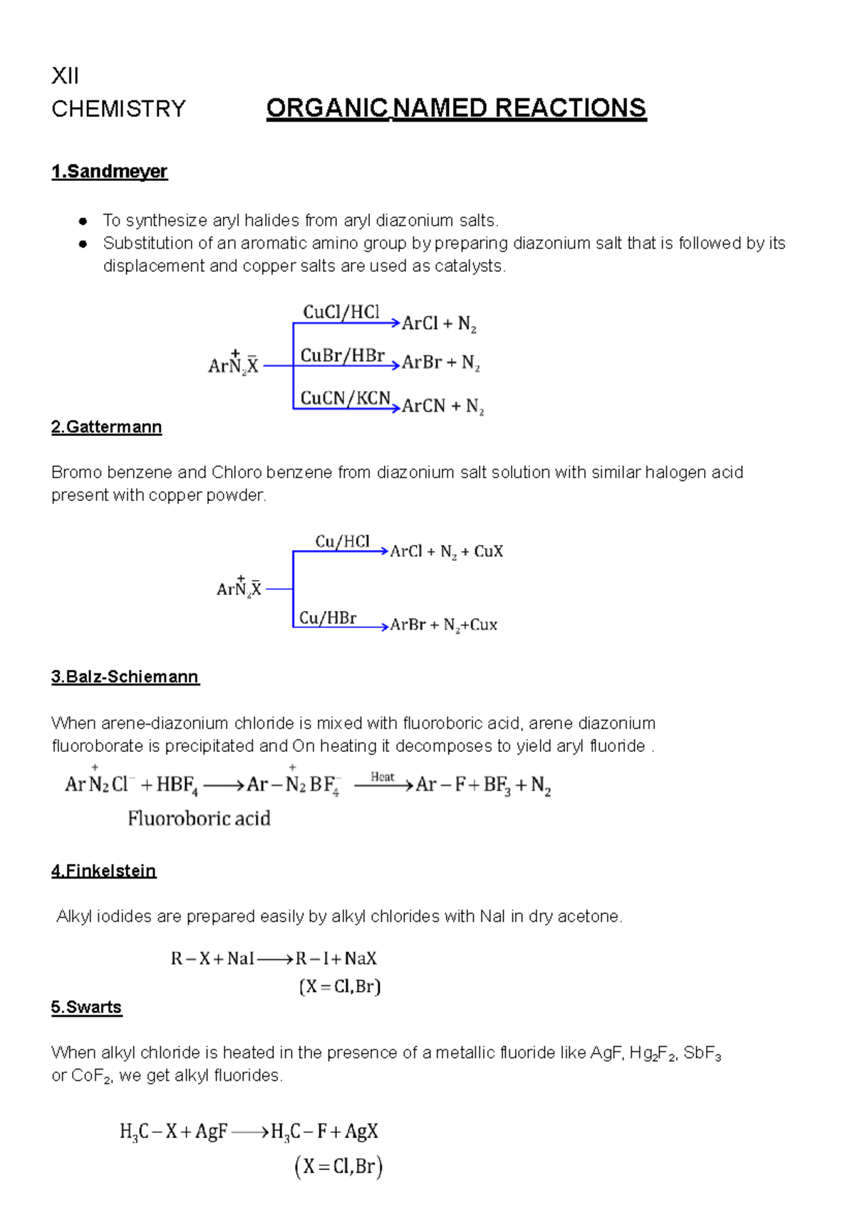 Named rxns - Naming rxn - XII CHEMISTRY ORGANIC NAMED REACTIONS 1 To ...