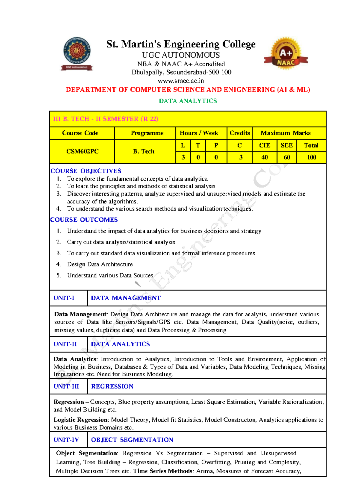 B. Tech II Sem (R 22) CSM602PC Data Analytics Course Overview and ...