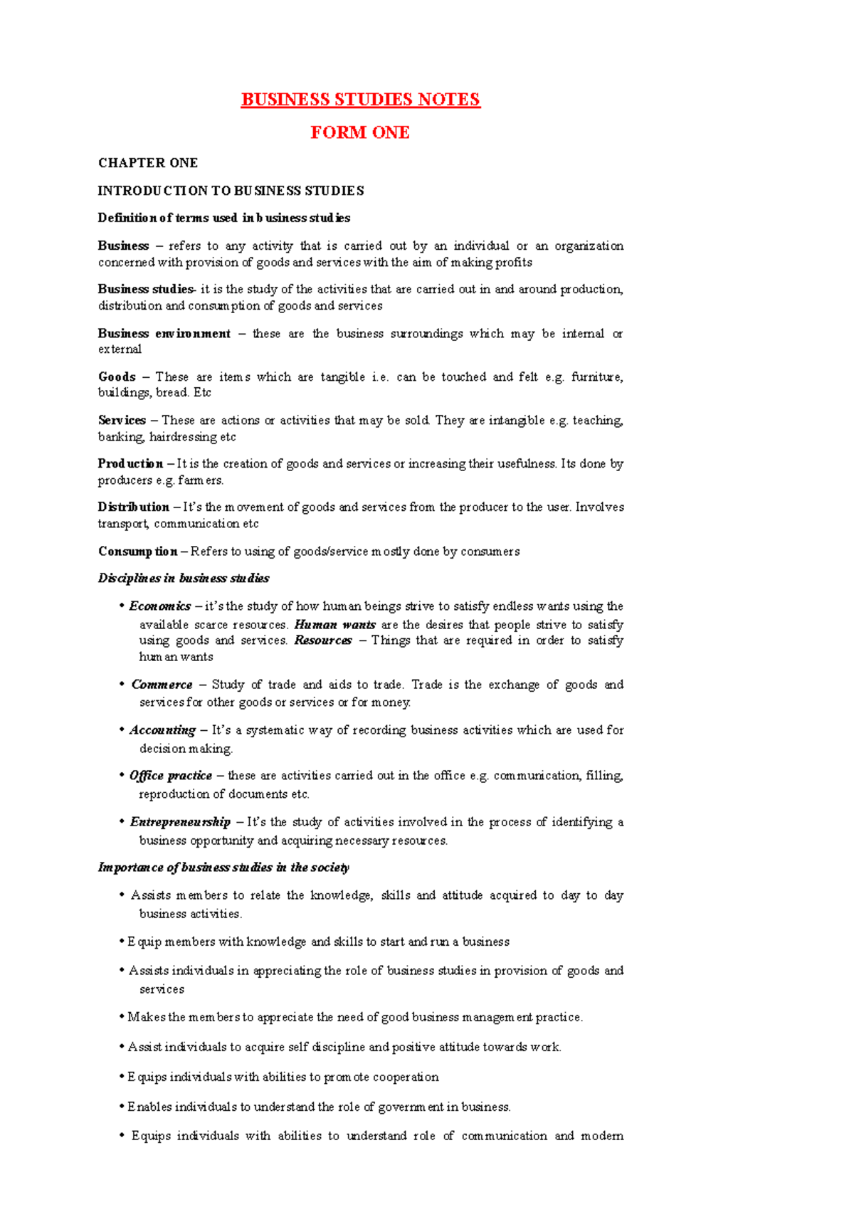 BUSINESS STUDIES NOTES FORM ONE: INTRODUCTION TO BUSINESS STUDIES - Studocu