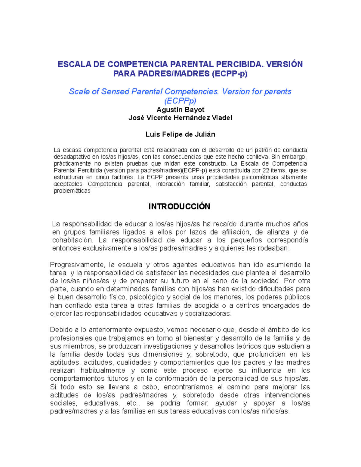 Escala de Competencia Parental Percibida (ECPP-p): Análisis y ...