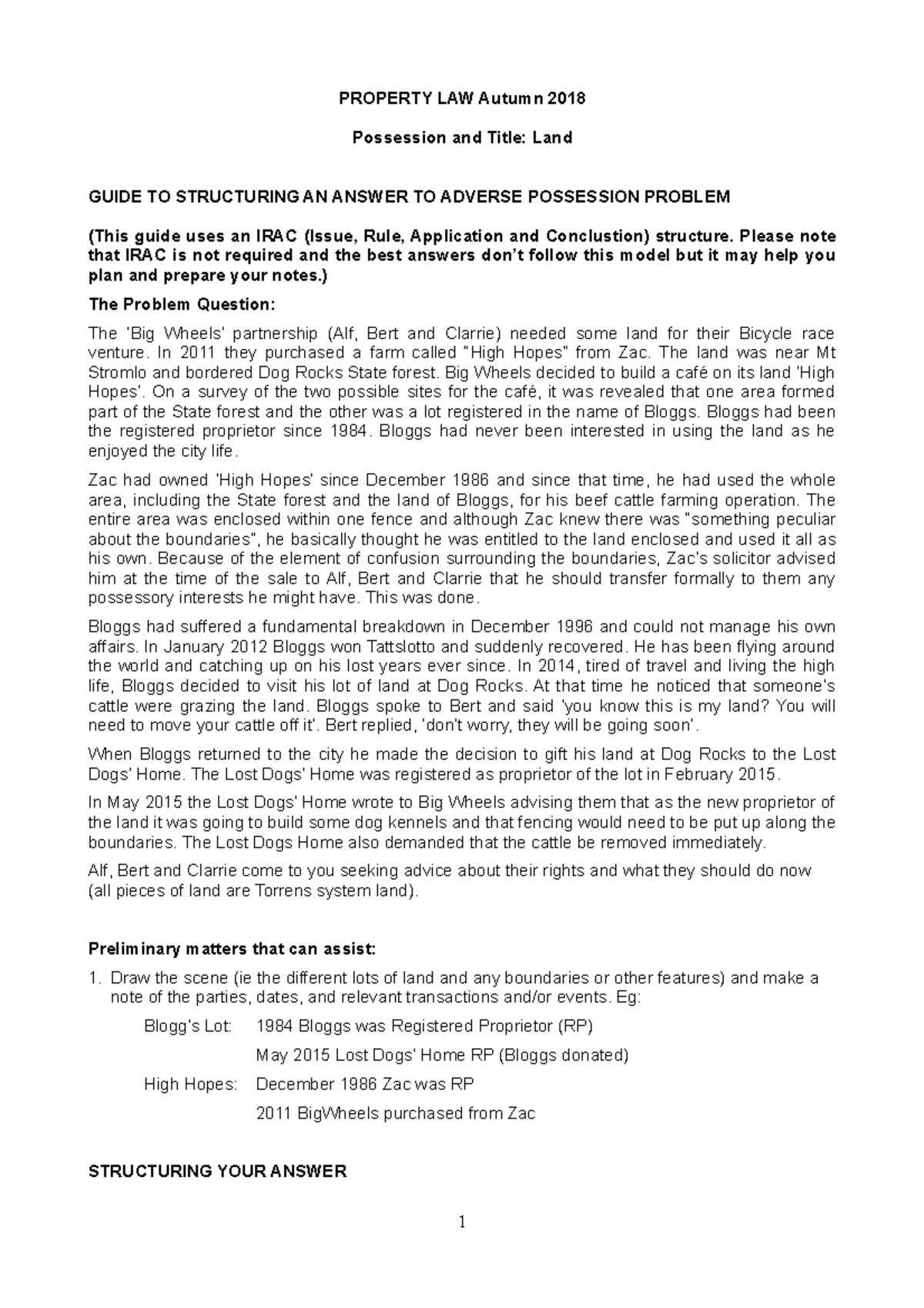 PROPERTY LAW Autumn 2018: Adverse Possession Problem Q&A Guide - Studocu