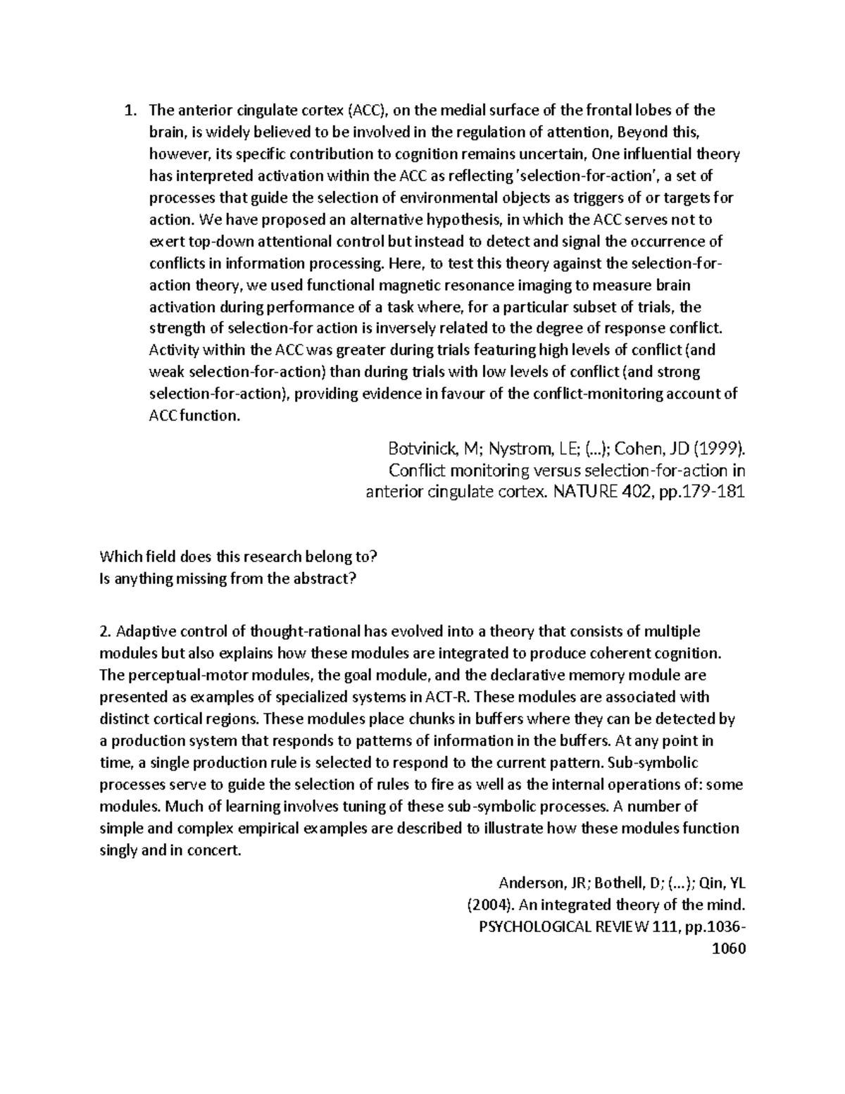 All questions from CP lectures - The anterior cingulate cortex (ACC ...