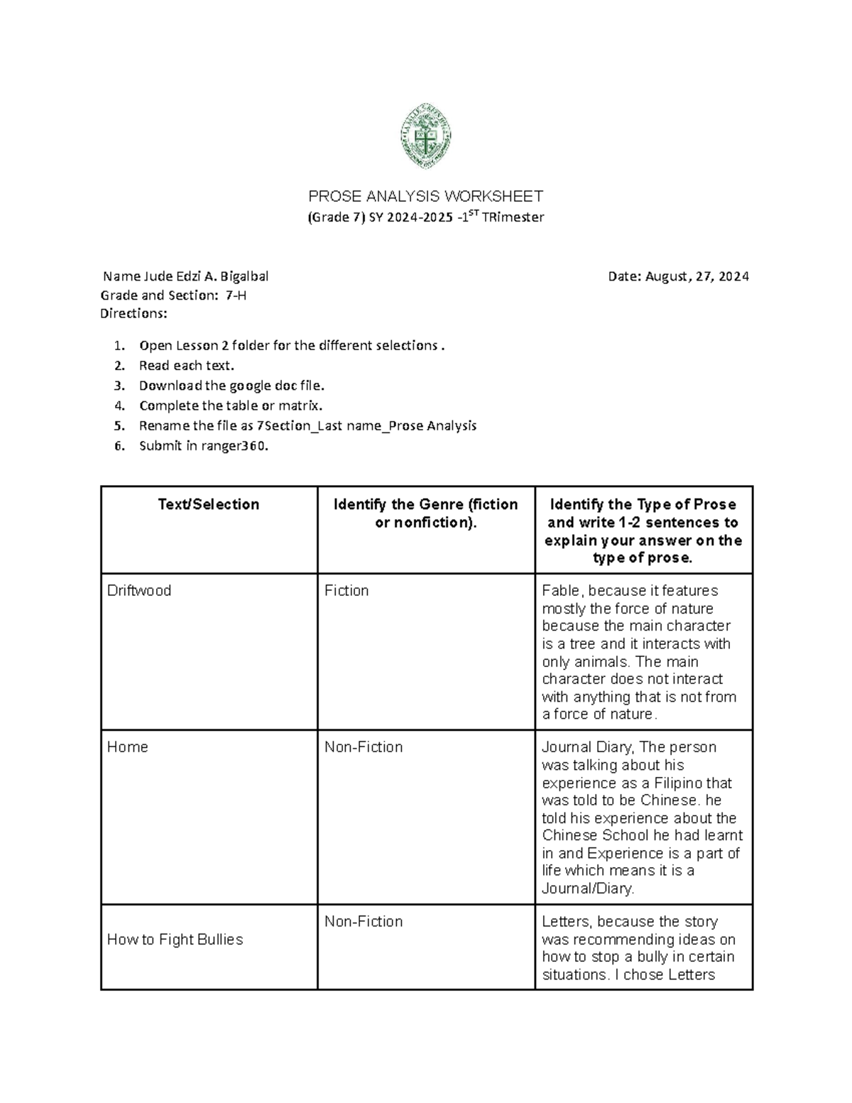 7H Bigalbal Prose Analysis Worksheet - SY 2024-2025 - Studocu