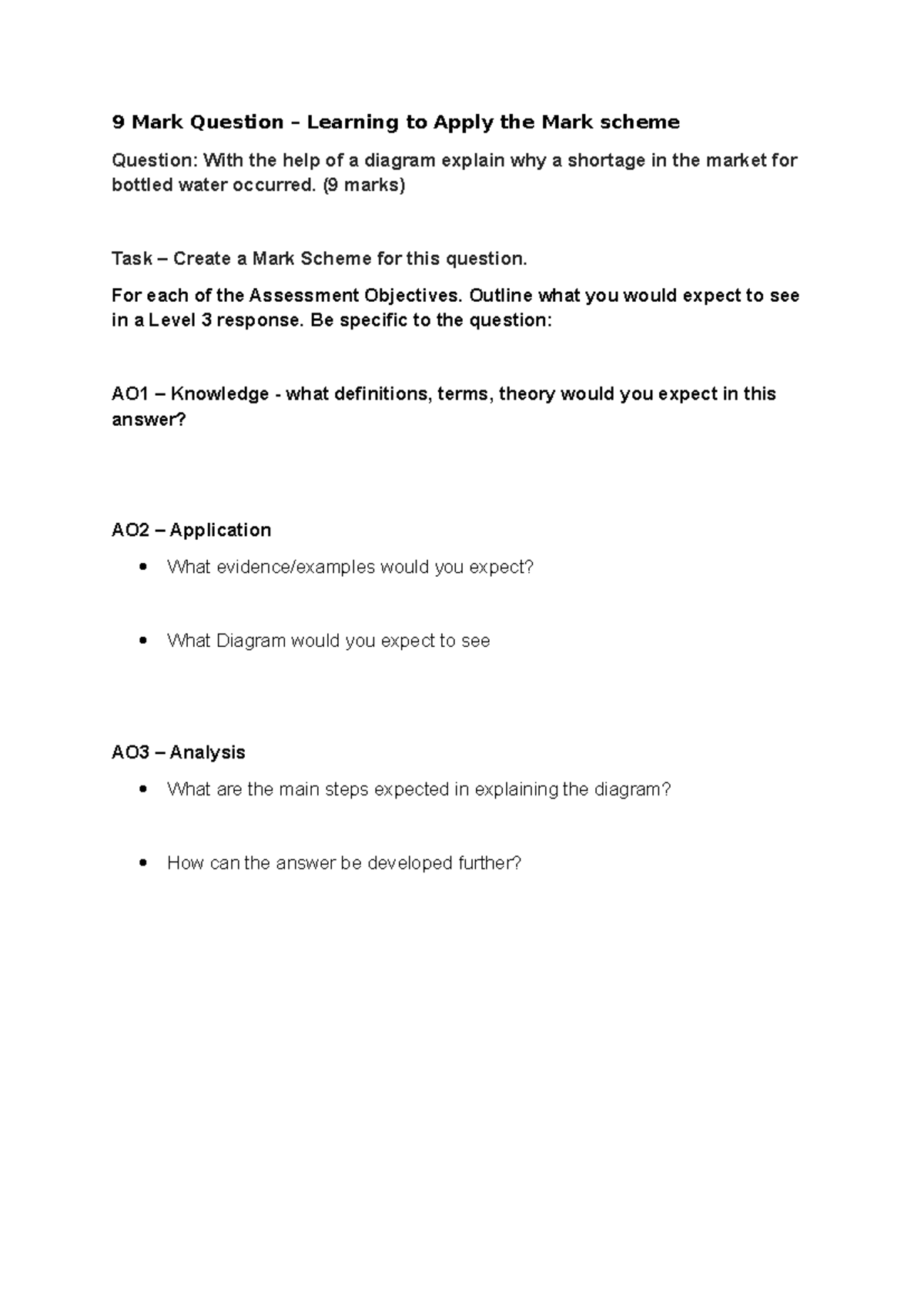 9 Mark Question: Marking Task for Bottled Water Shortage Analysis - Studocu