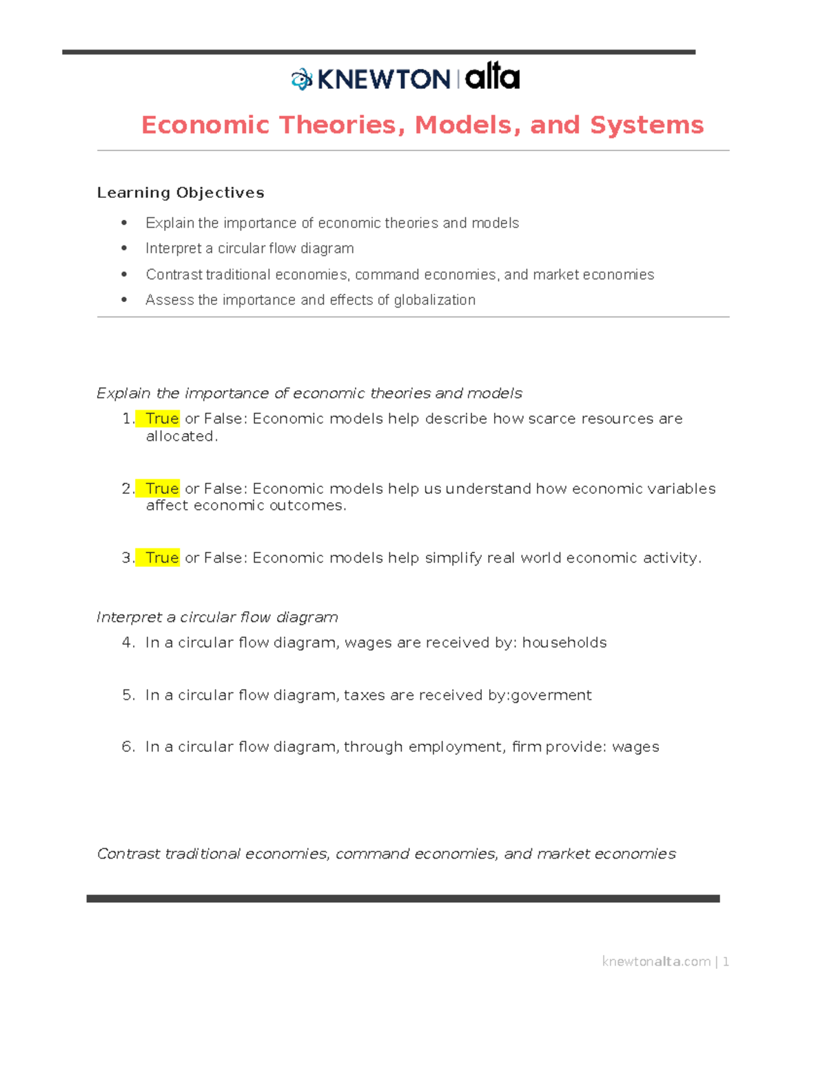 ECO 101 - Economic Theories & Models: Key Concepts Worksheet - Studocu