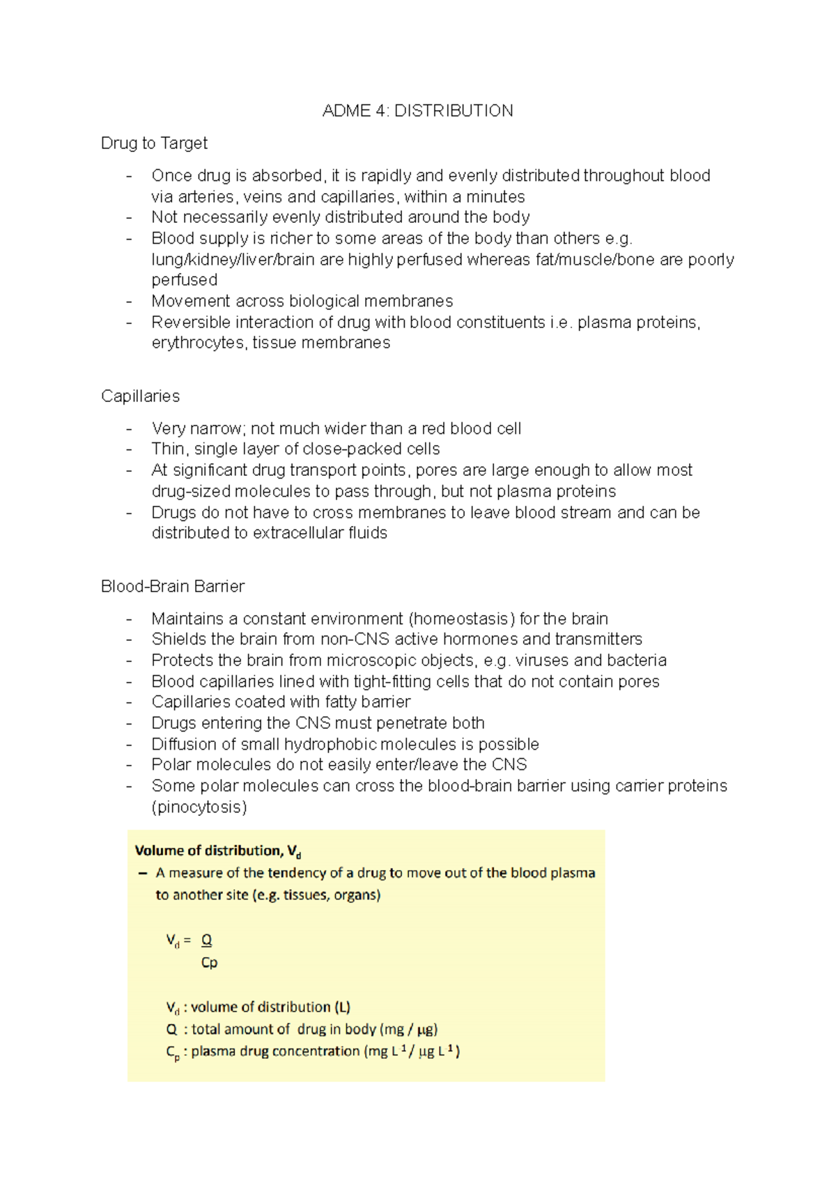ADME 4 - Lecture notes 1 - ADME 4: DISTRIBUTION Drug to Target Once ...