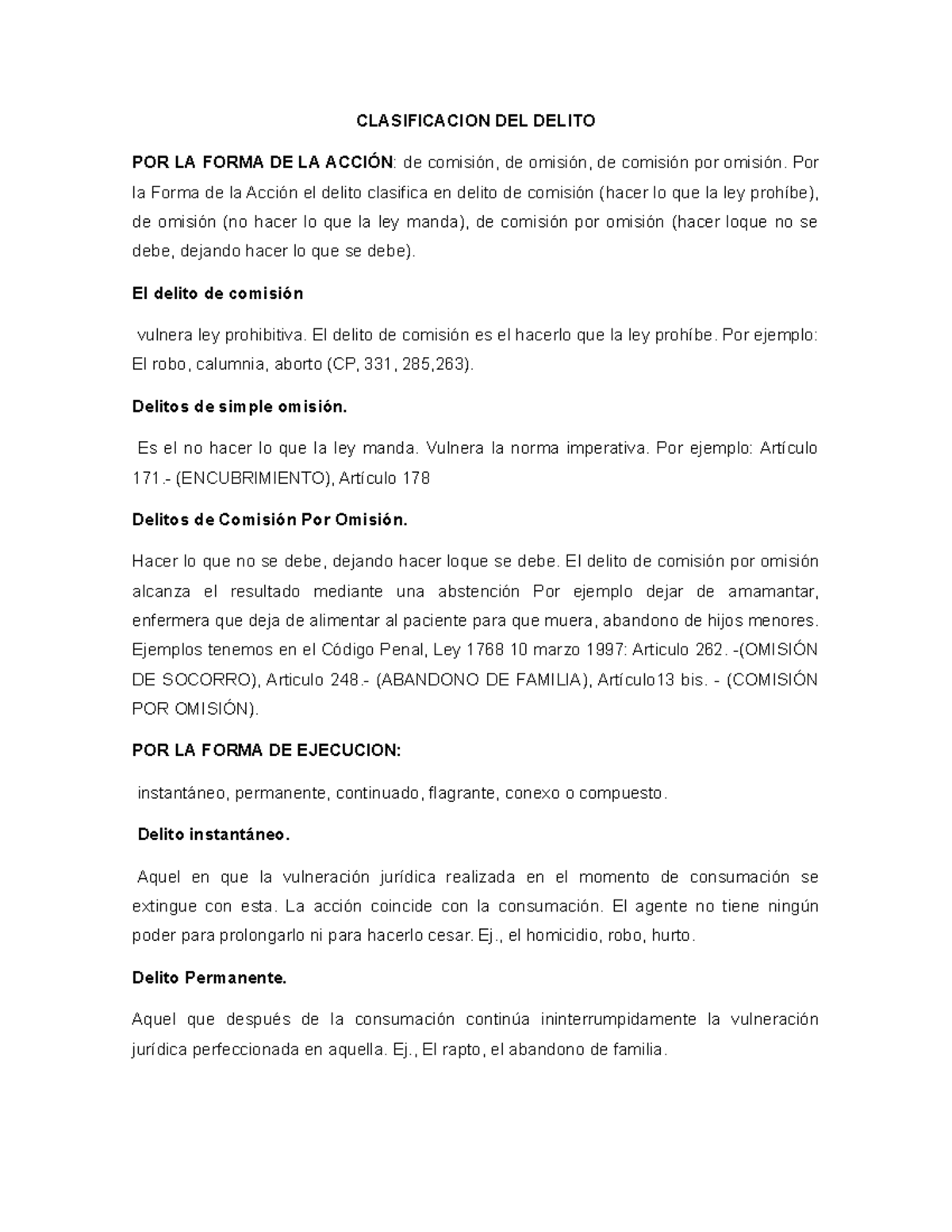 Clasificación del Delito en Derecho Penal (CP/Ley 1768) - Studocu