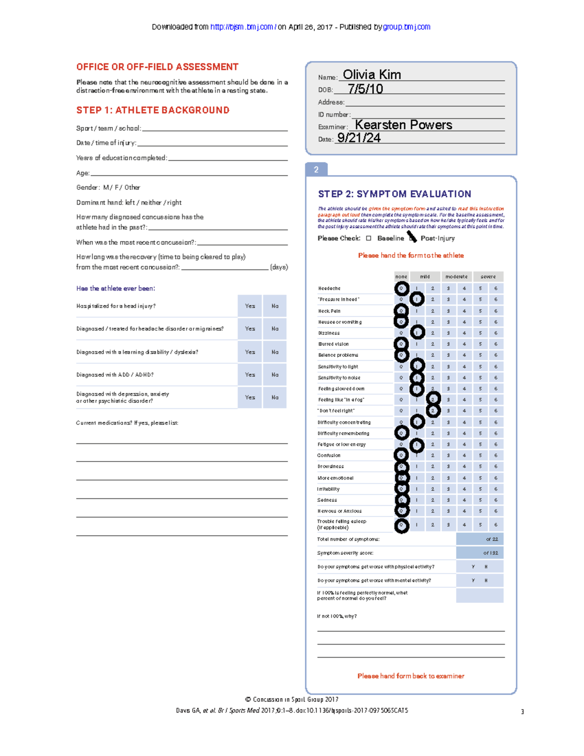 SCAT5 Symptom Check for Olivia Kim - Post Exercise Assessment - Studocu