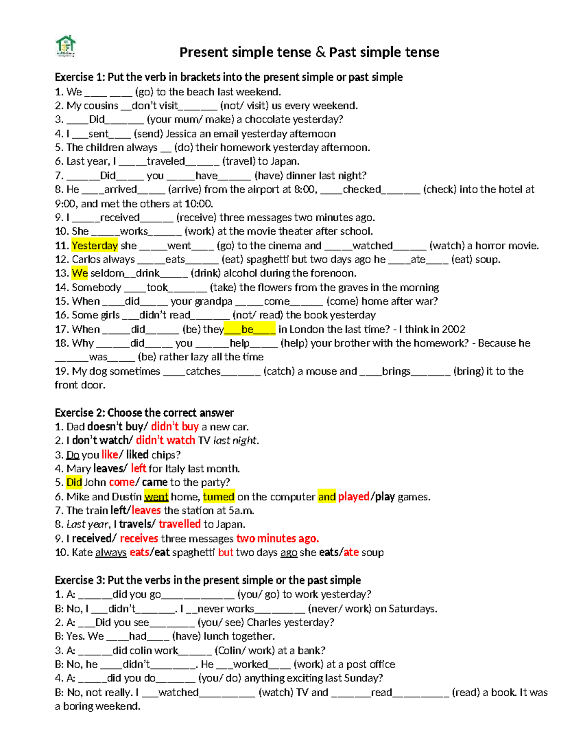 HTĐ & QKĐ: Present and Past Simple Tense Exercises - Studocu