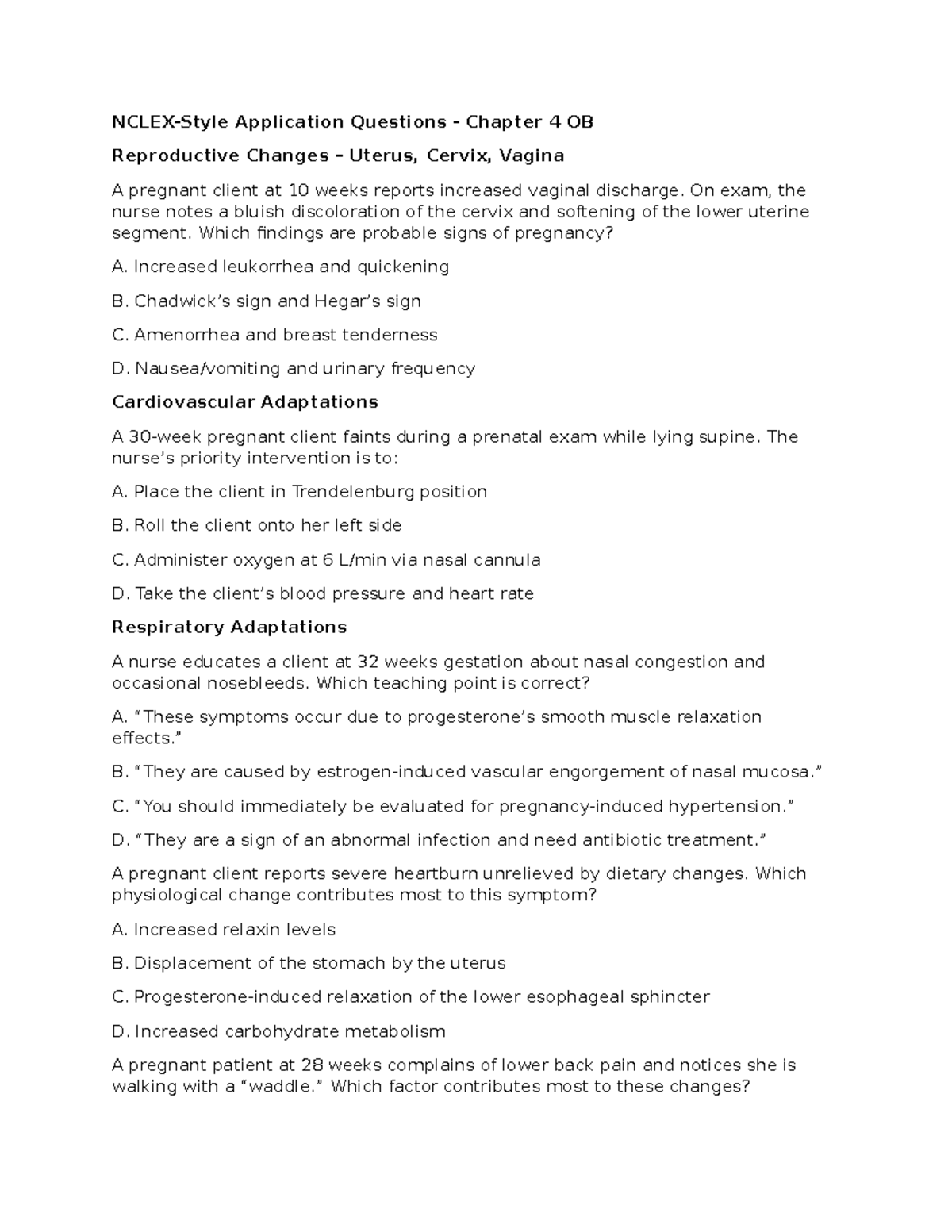 Ch 4 OB Practice Questions: Reproductive Changes & Adaptations - Studocu