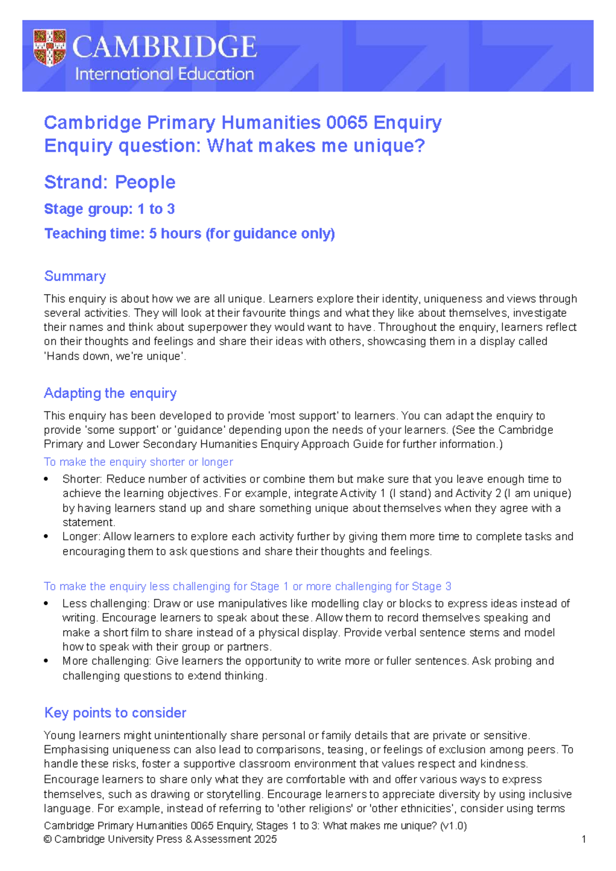 Cambridge Primary Humanities 0065 Enquiry: Exploring Uniqueness in ...